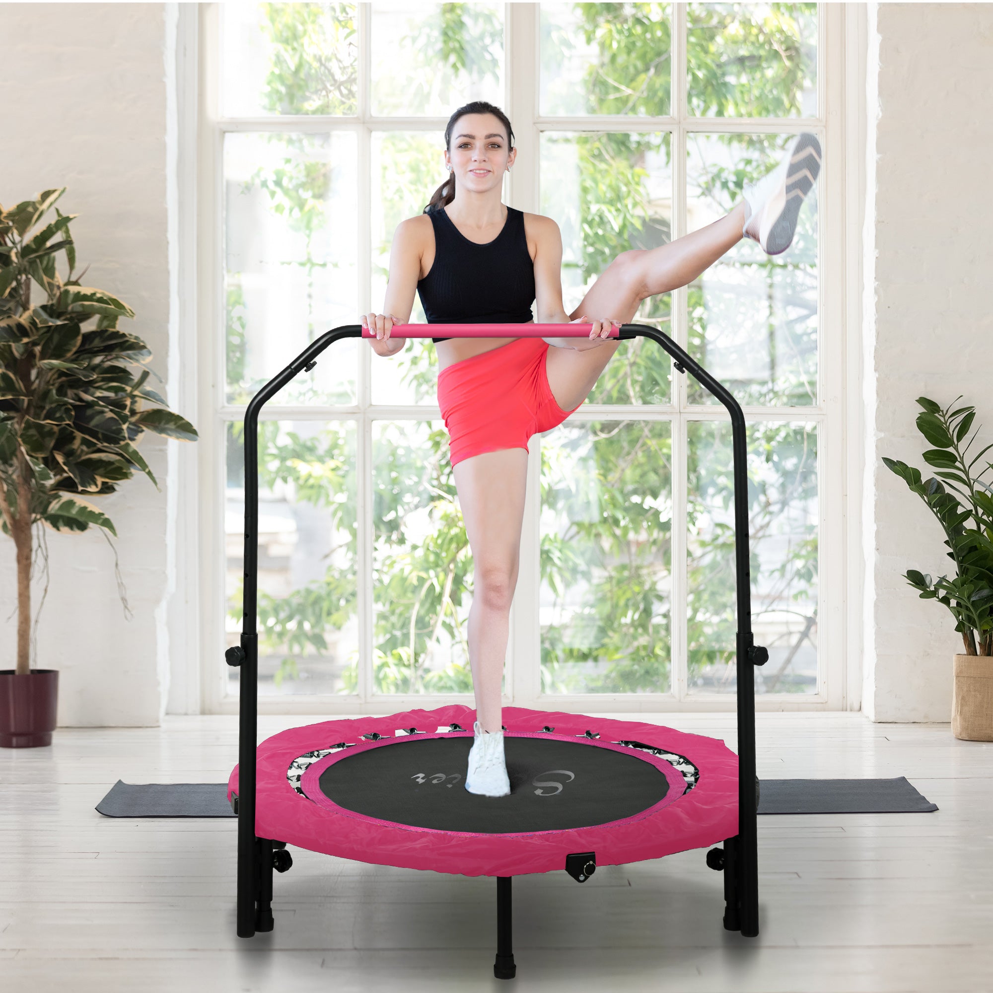 Soozier 40" Foldable Mini Fitness Trampoline, with Adjustable Foam Handle, Pink