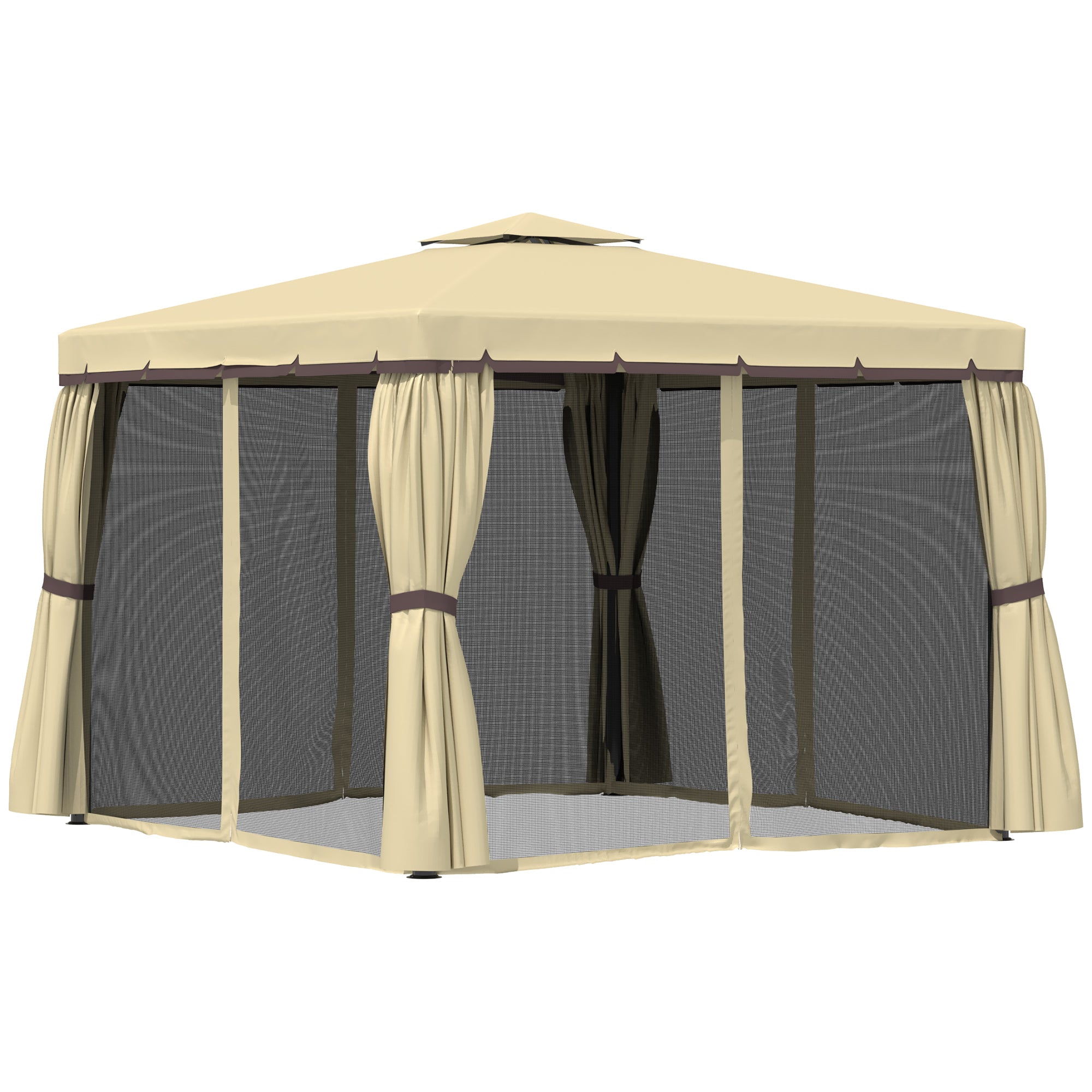 10' x 10' 2-Tier Outdoor Gazebo Canopy Tent with Zippered Mesh Sidewalls, Aluminum Frame for Patio, Backyard, Beige