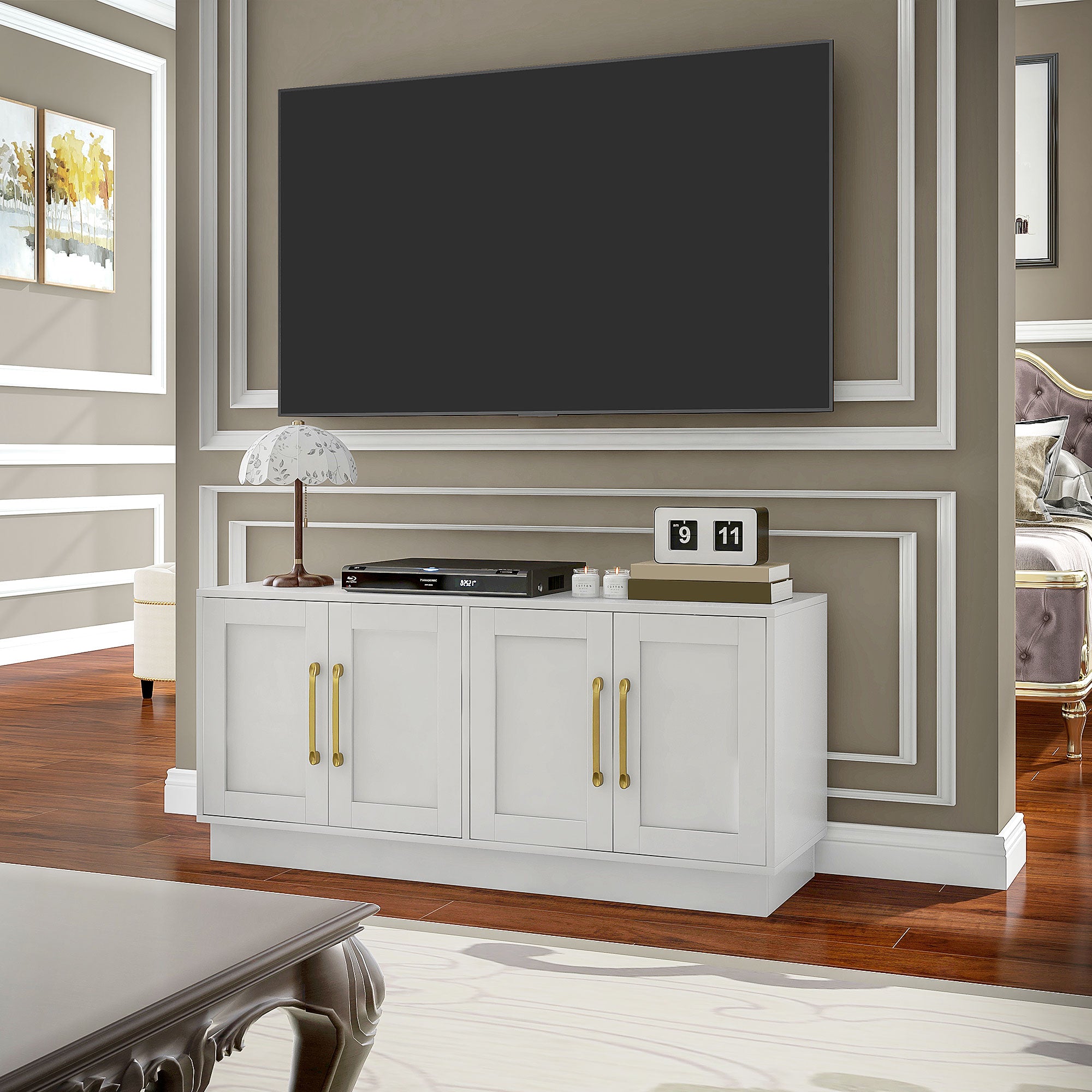 Modern TV Stand for up to 55" TV, TV Cabinet with 4 Soft Hinged Doors, 4 Cable Holes and 2 Adjustable Shelves, White