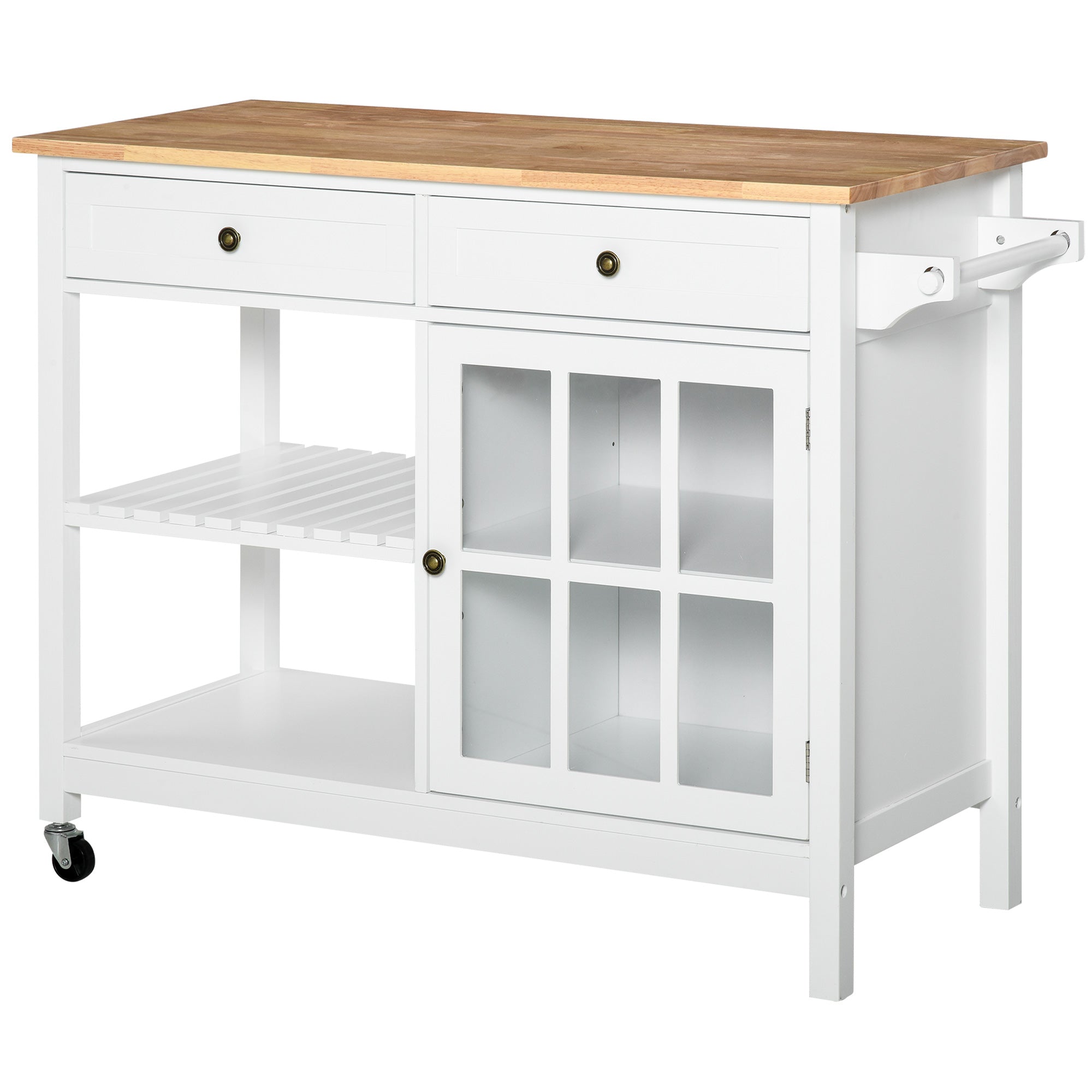 Kitchen Cart on Wheels, Utility Storage Island with Rubber Wood Top, Towel Rack, Cabinets, Drawers, White