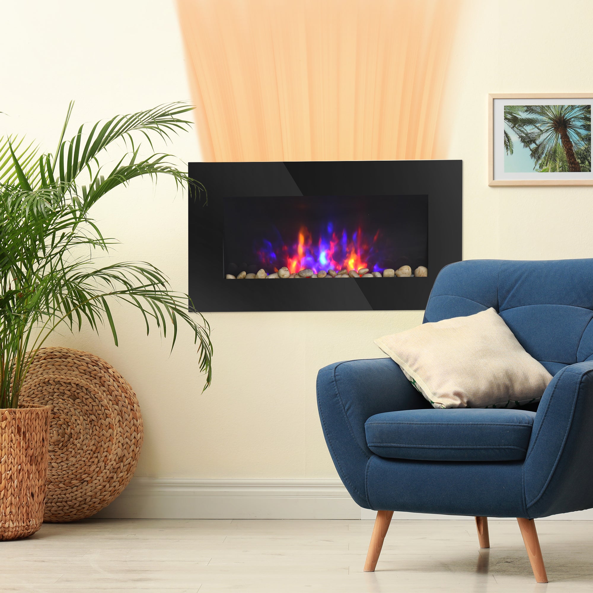 28.5 Inch Modern Electric Fireplace, Wall Mounted Fireplace with Patented LED Flame Effect and 7 Colors, Black