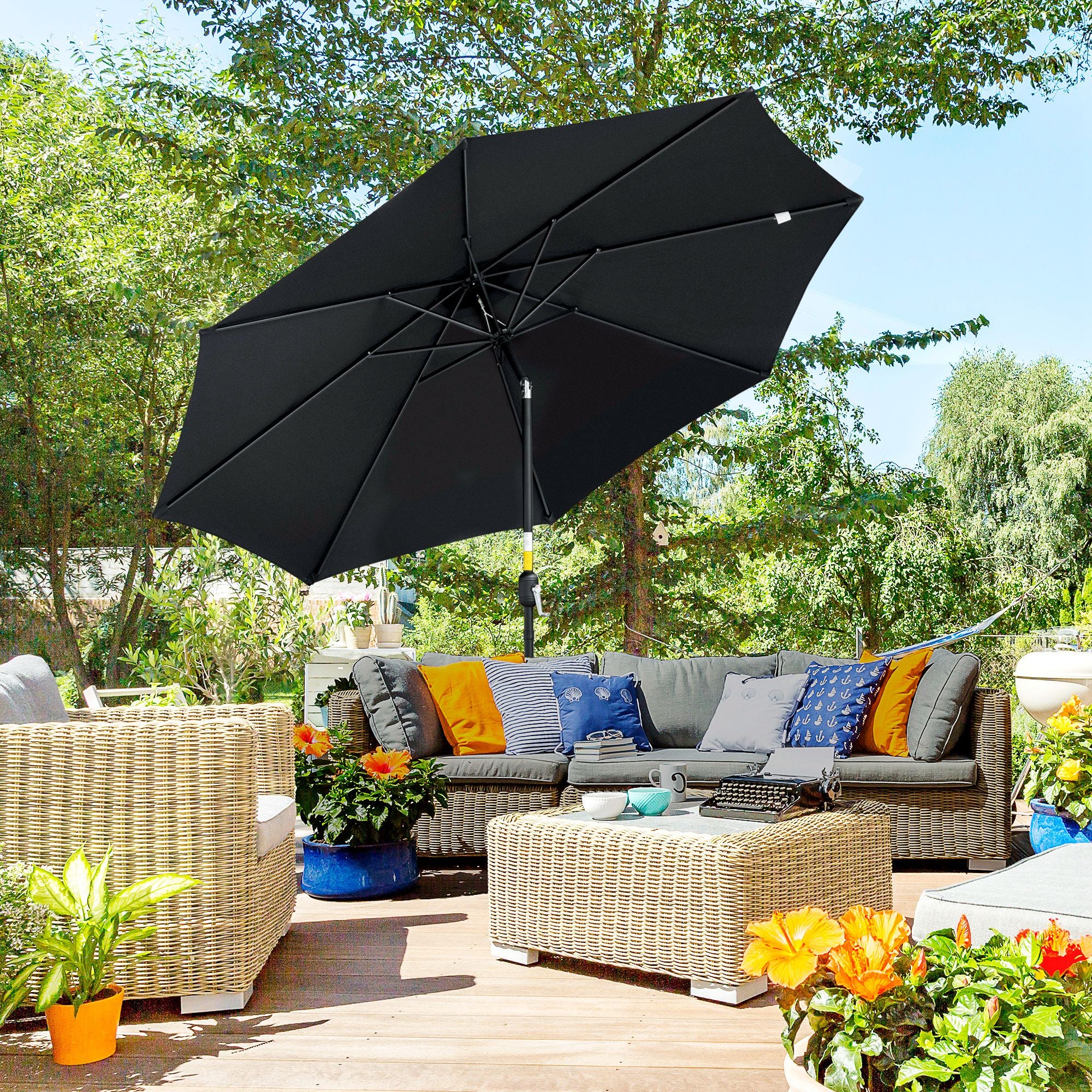 10' x 8' Round Market Umbrella, Patio Umbrella, Outdoor Parasol with Crank Handle, Tilt for Garden, Bench, Lawn, Black
