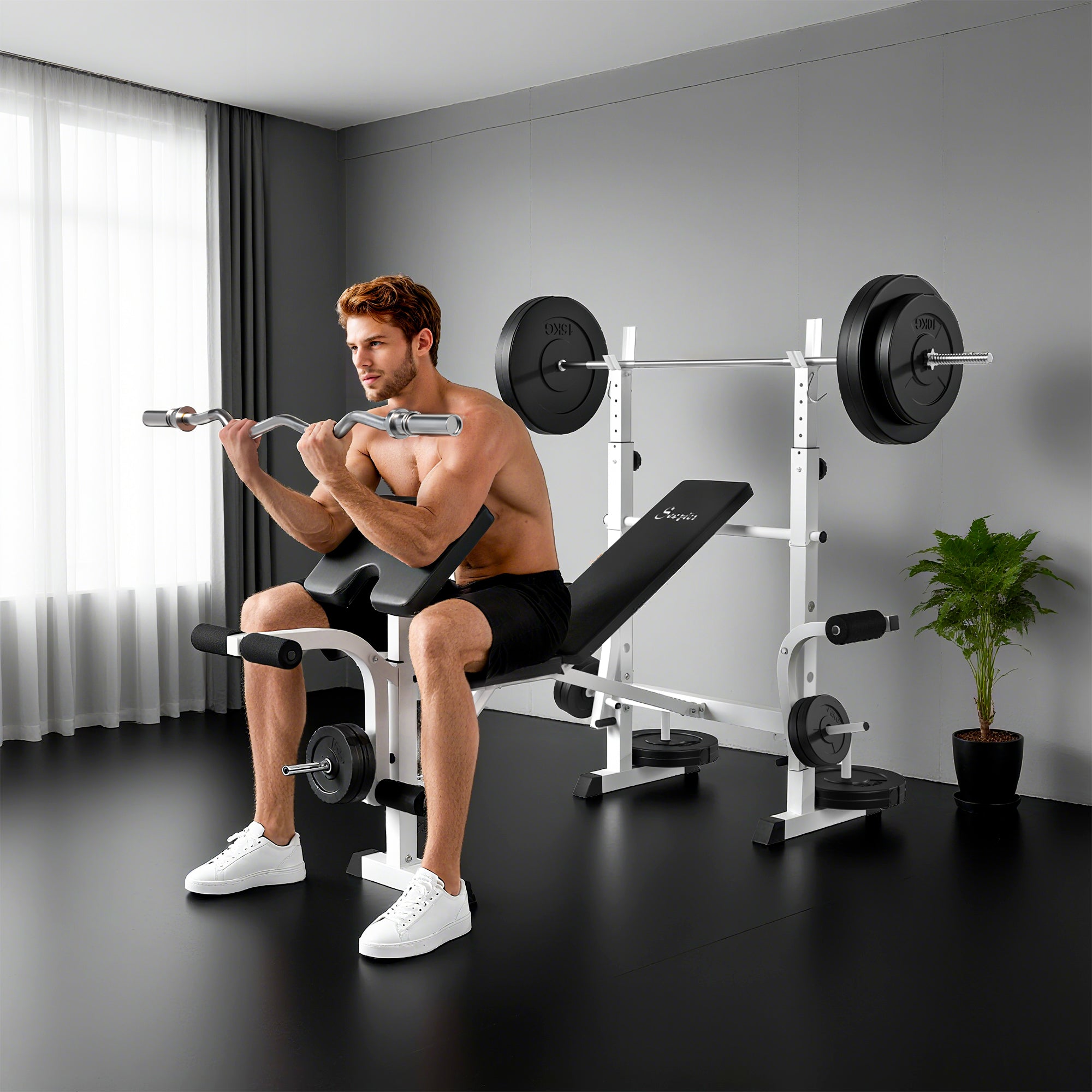 Soozier Bench Press Set Adjustable Weight Bench with Squat Rack, Preacher Curl Pad, Leg Developer and Weight Storage, White