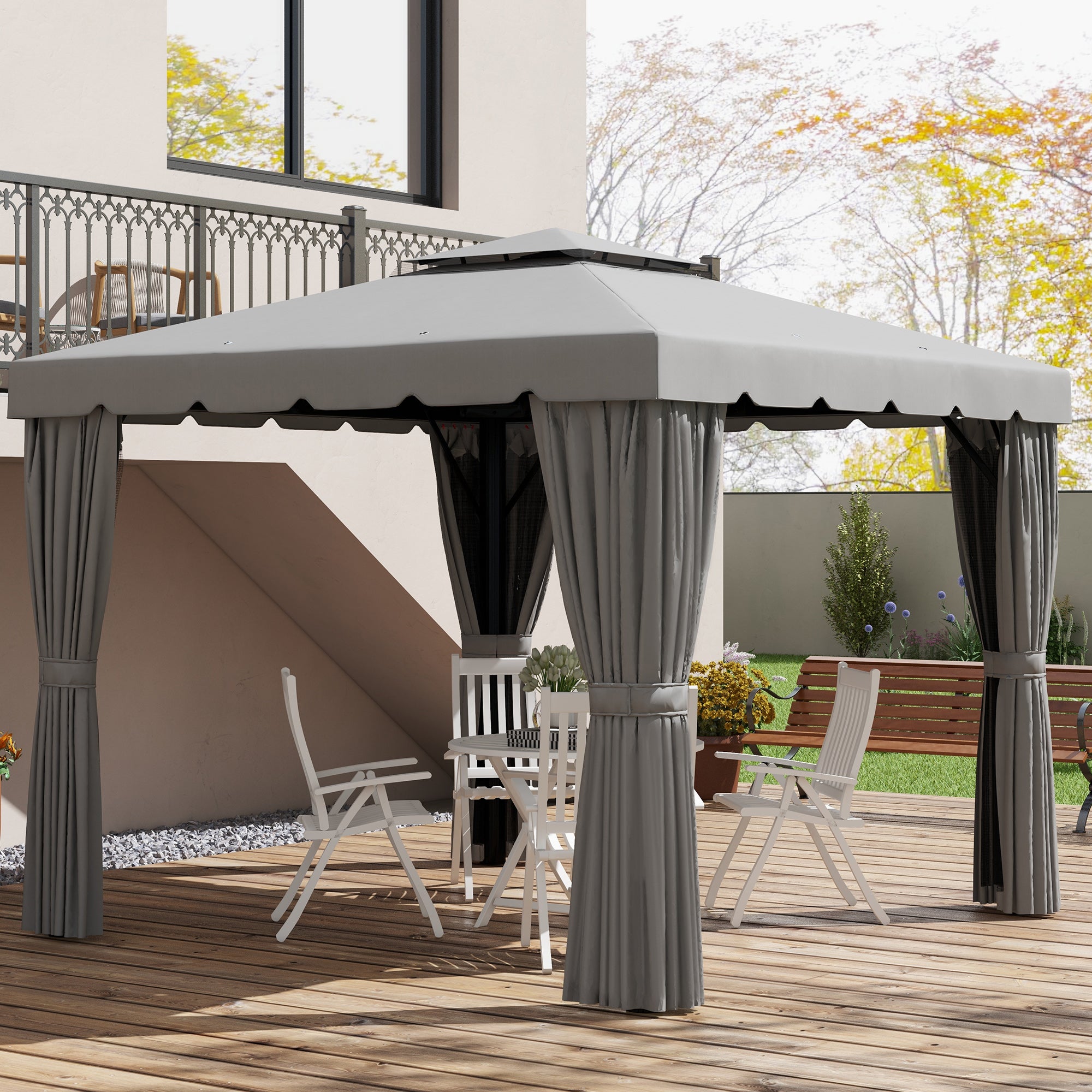 10' x 10' Outdoor Patio Gazebo Double Soft-top Garden Shelter Tent with Curtains, & Mesh Screen Drapes, Light Grey