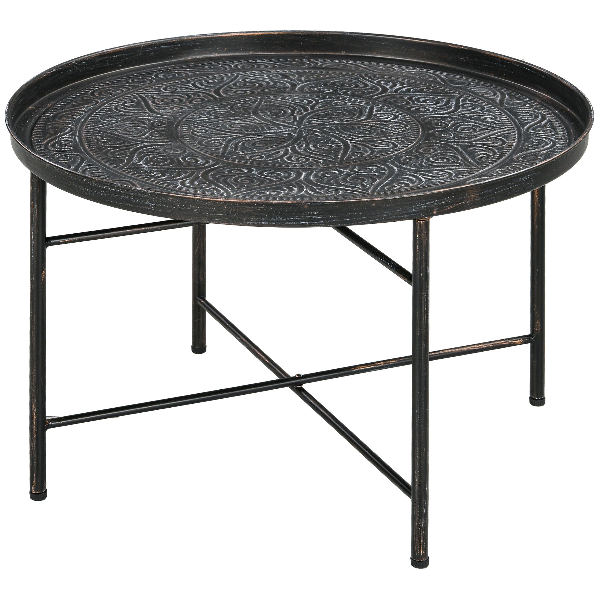 Vintage Coffee Table for Living Room, 24" Round Center Table with Hammered Tray Top and Metal Frame, Pewter