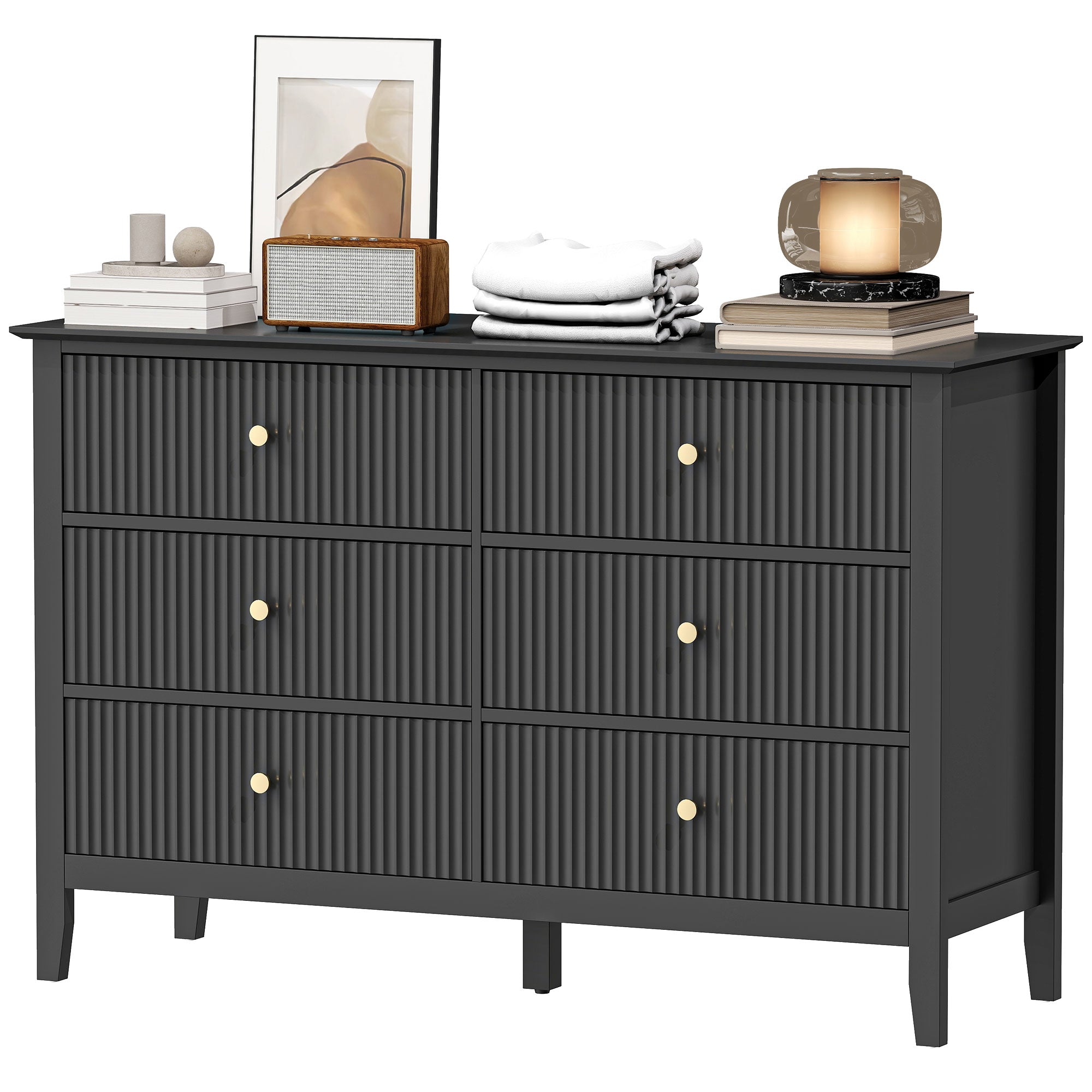 Double Chest of Drawers, Modern 6 Drawer Dresser for Bedroom, Living Room, Hallway, Closet, Black