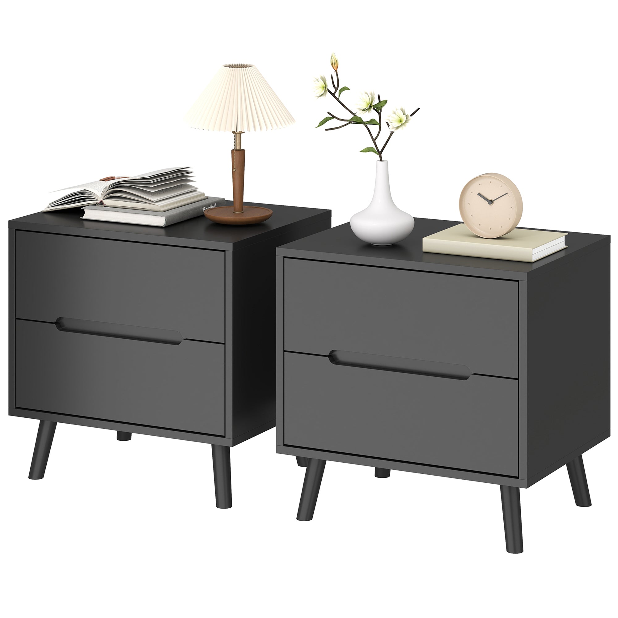 Nightstands Set of 2, Bedside Table with 2 Drawers, Modern Side End Table with Solid  Wood Legs for Bedroom, Black