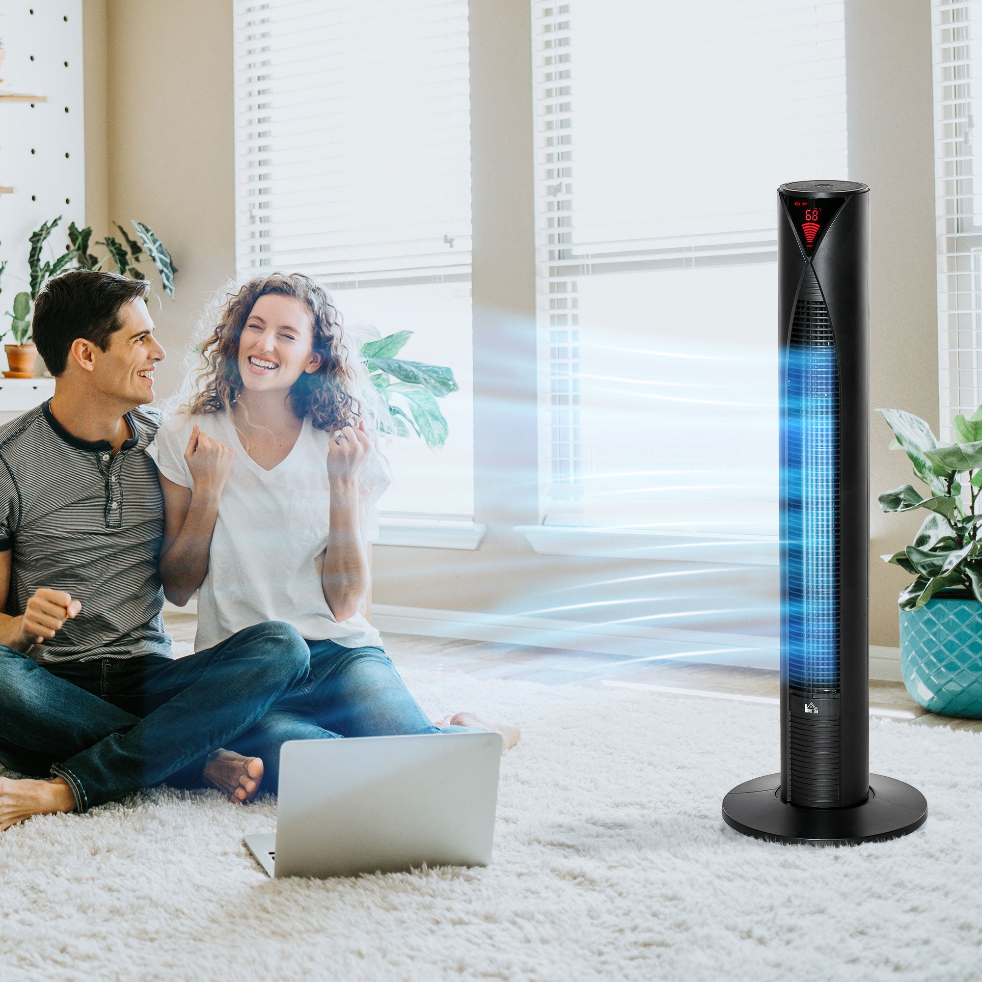 Freestanding Tower Fan Cooling for Home Bedroom with 3 Speed, 12h Timer, Oscillating, LED Sensor Panel, Remote Controller, Black