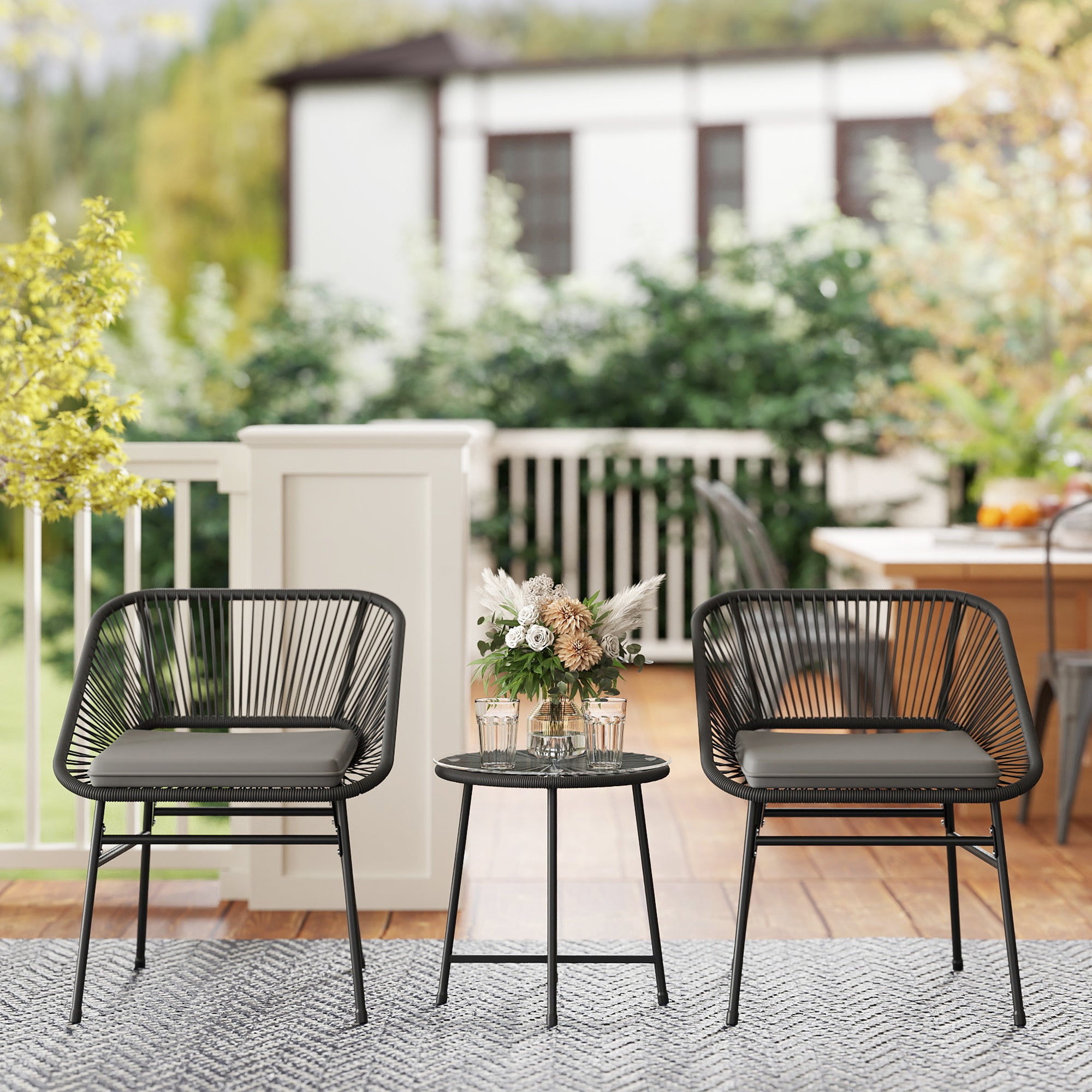 3 Piece Bistro Set, Wicker Outdoor Patio Furniture Set with Glass Top Table, Cushions for Balcony, Porch, Black