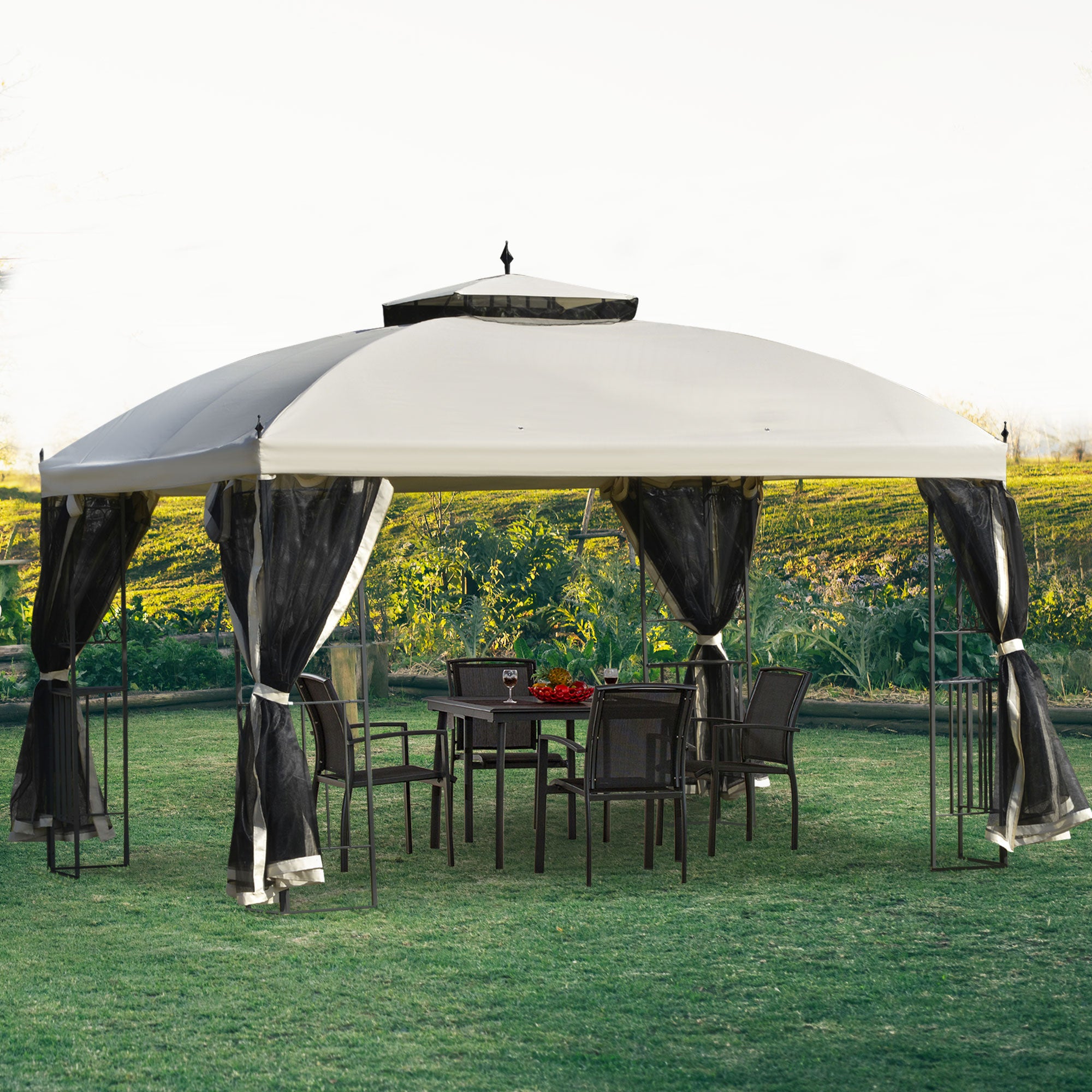 12' x 10' Outdoor Patio Gazebo Canopy with Double Tier Roof, Removable Mesh Sidewalls, Triangular Display Shelves, Beige