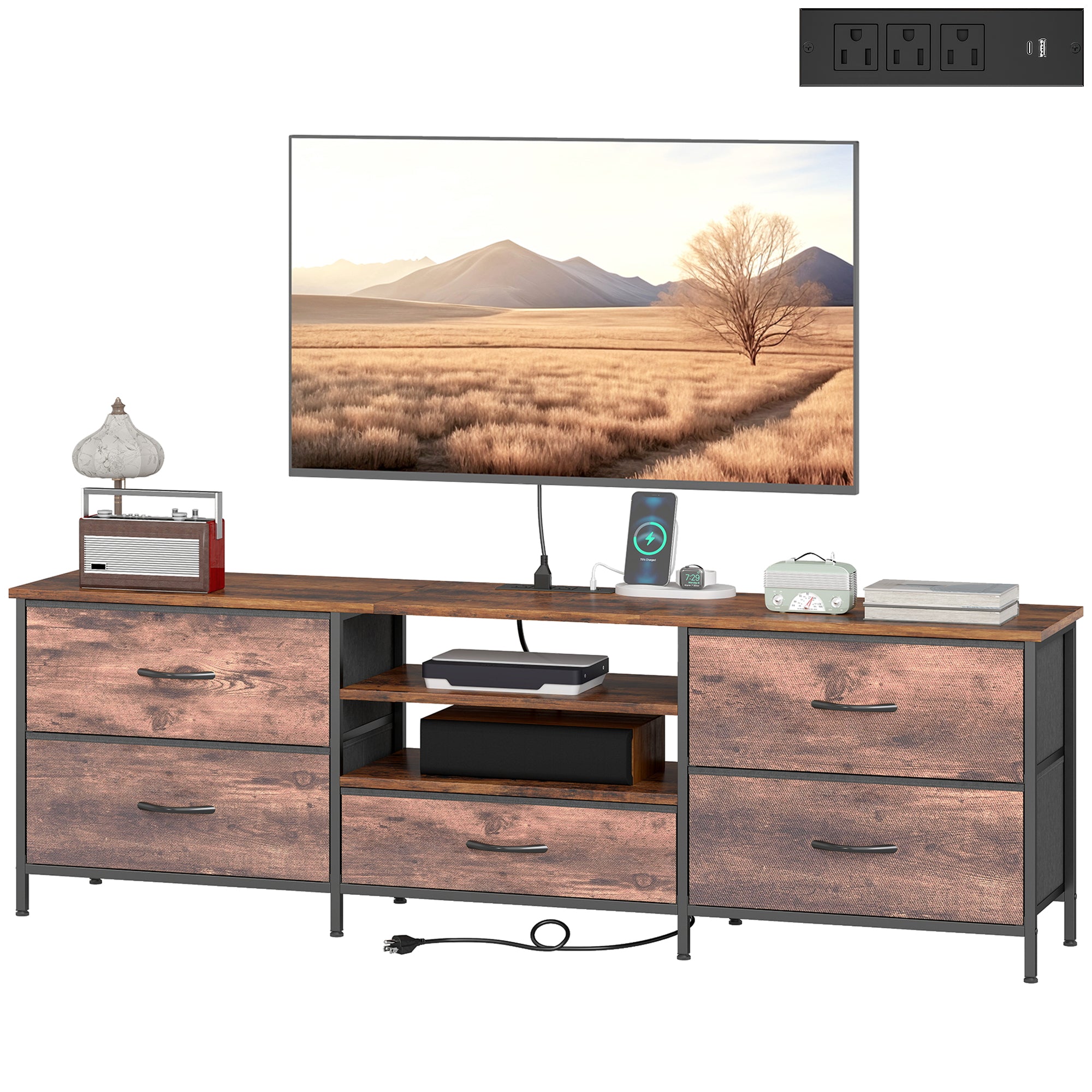 TV Stand for TVs up to 70 Inch, Industrial TV Console with Charging Station, 5 Drawers and Open Shelves, Rustic Brown