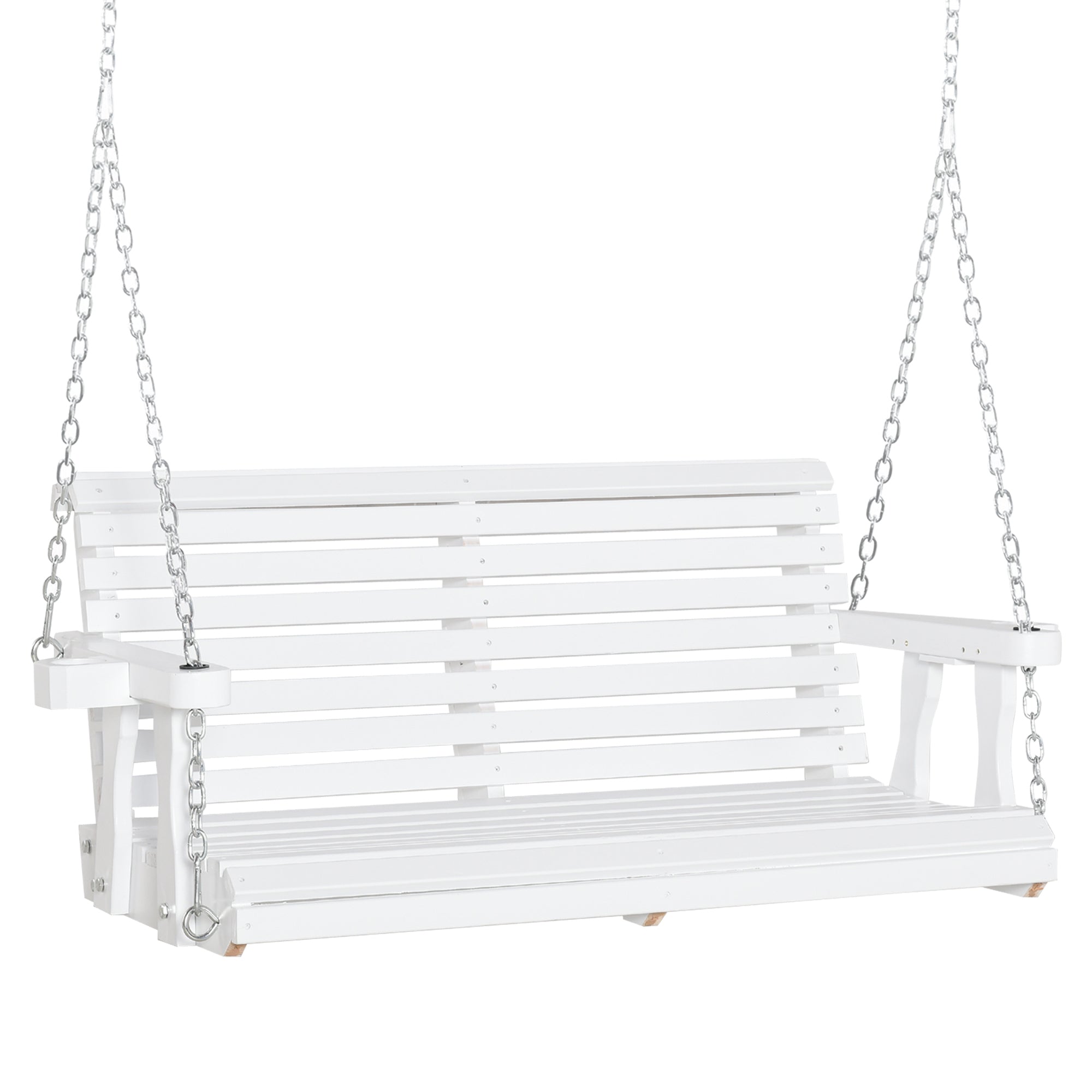 2 Seater Porch Swing Wooden Patio Swing Chair Seat with Cup Holder and Chains Outdoor Swing Bench for Garden Yard, White