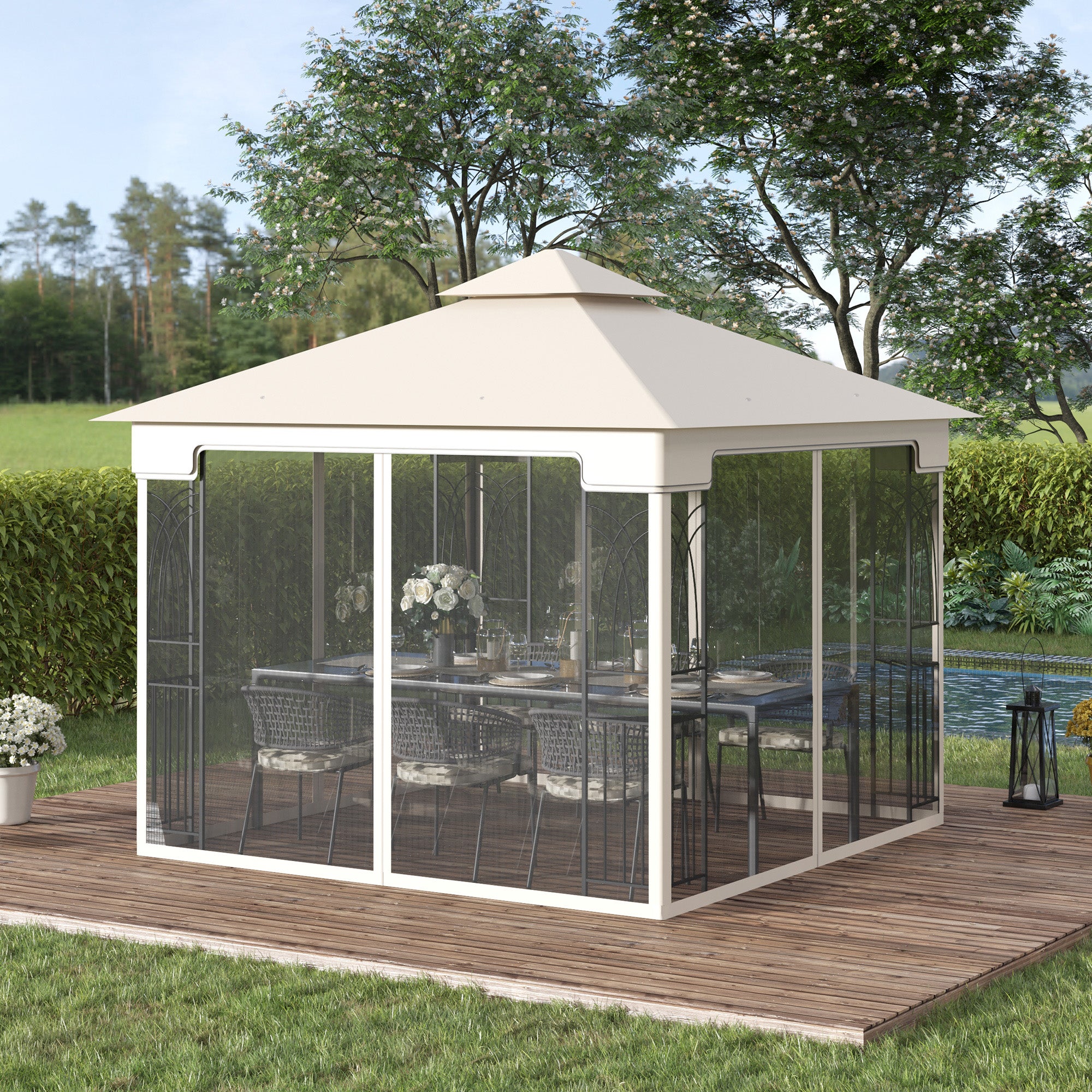 10'x10' Soft-top Patio Gazebo with Double Tier Roof, Mesh Curtains, Display Shelves, Top Hooks, Cream