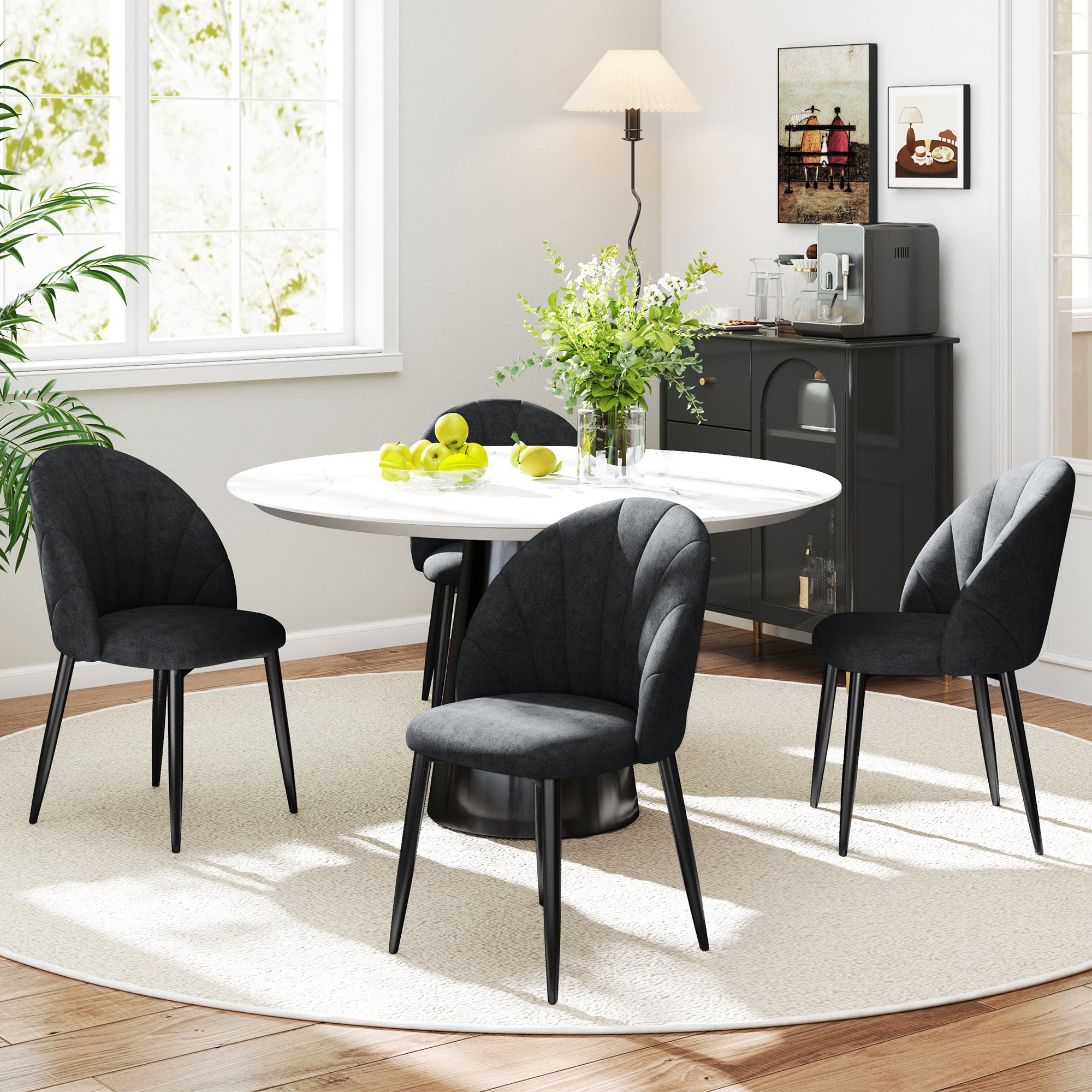 Modern Dining Chairs Set of 4, Upholstered Dining Room Chairs with Metal Legs, Shell Backrest, Padded Seat, Black