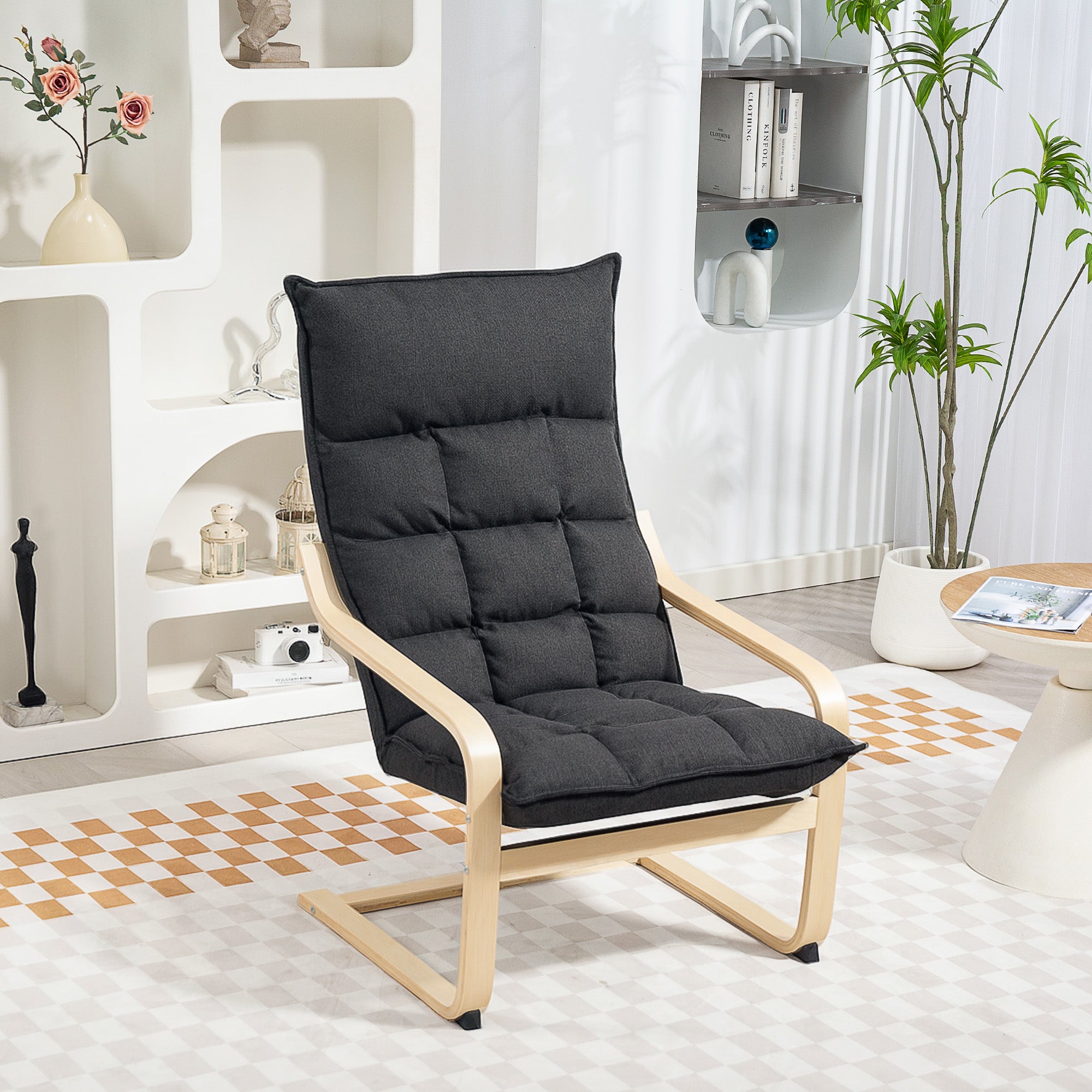 Modern Armchair, Upholstered Accent Chair with Curved Leg and Arm, Leisure Lounge Chair for Living Room, Dark Grey