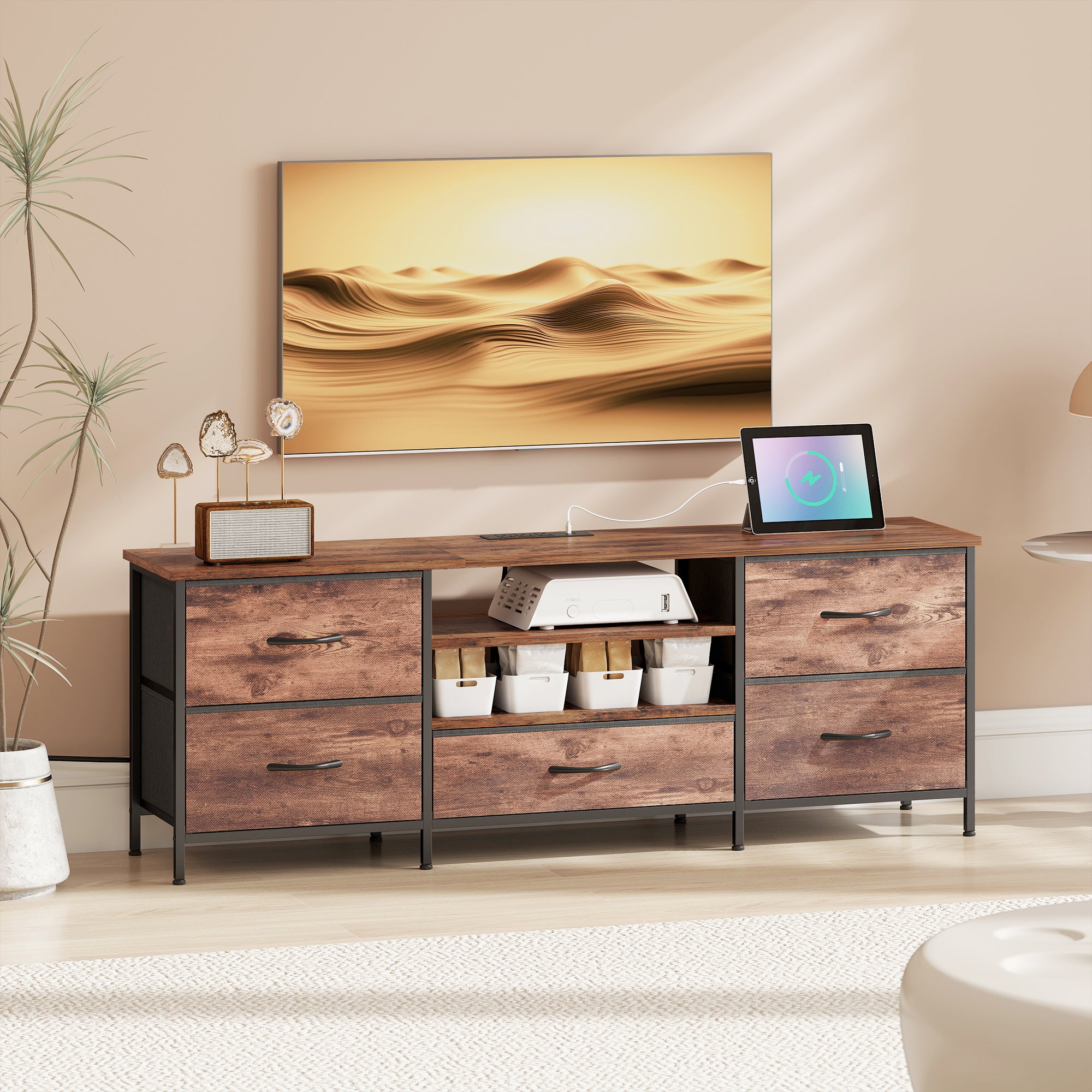 TV Stand for TVs up to 65 Inch, Industrial TV Console with Charging Station, 5 Drawers and Open Shelves, Rustic Brown