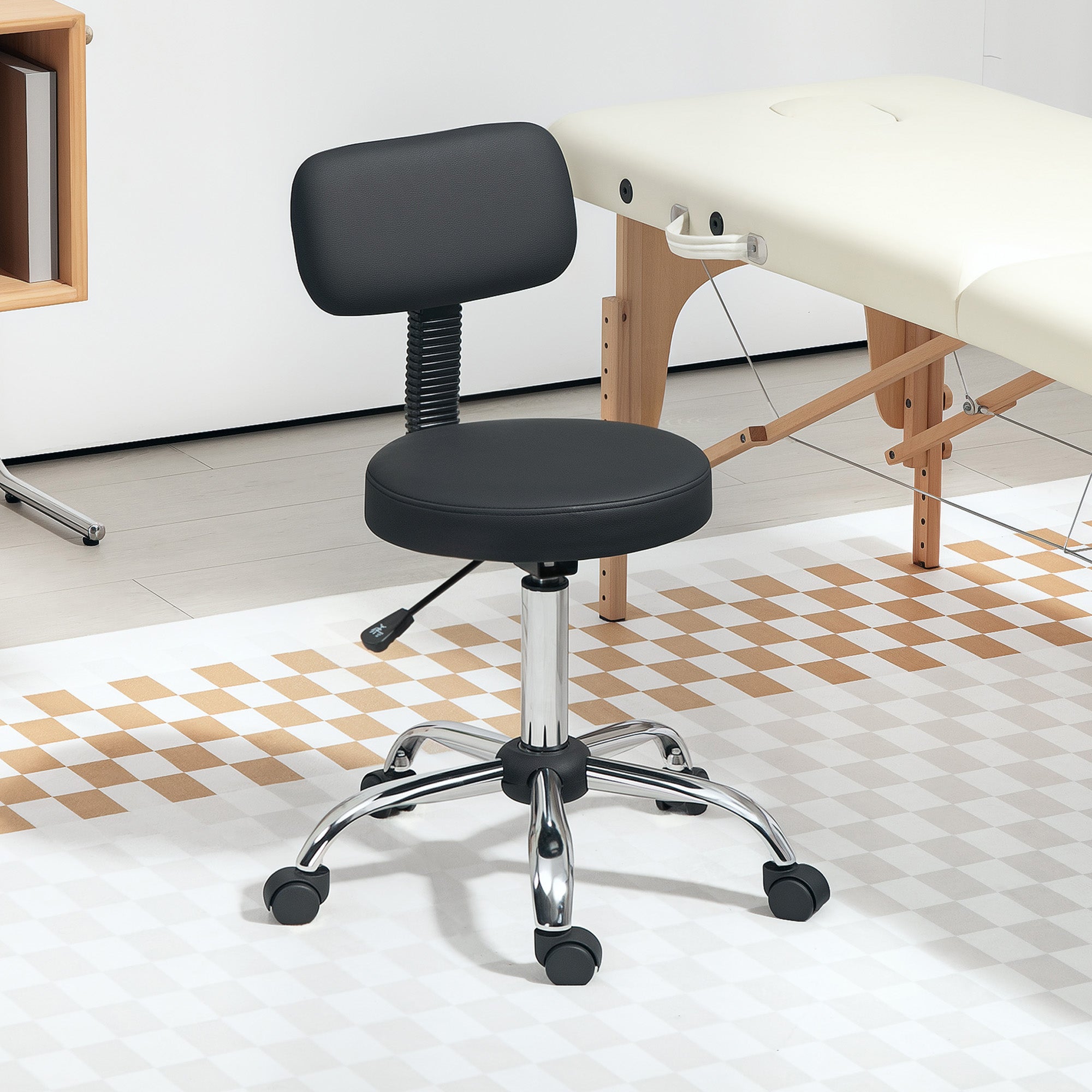 Adjustable Rolling Stool with Removable Backrest, Faux Leather Swivel Stool Chair for Salon Spa, Bar, Massage, Black