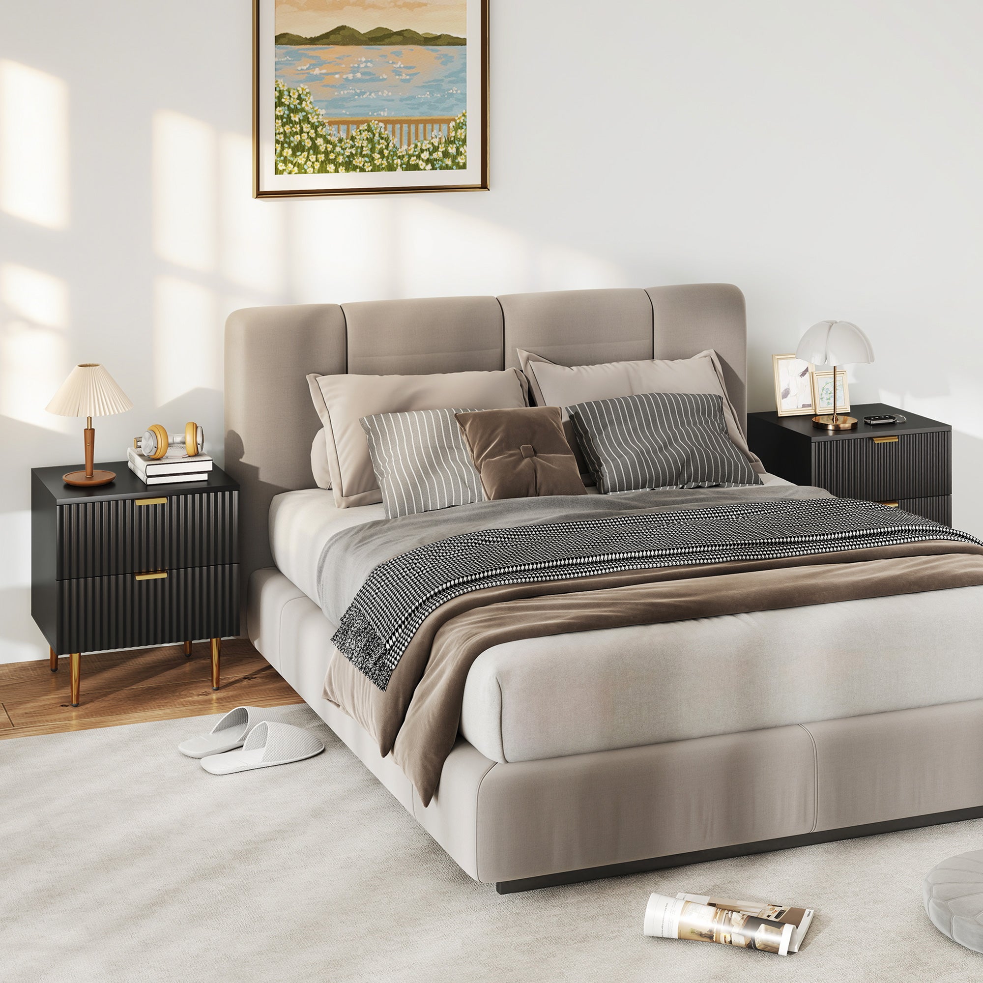 Bedside Table Set of 2, Modern Nightstand with 2 Drawers, Side End Table with Metal Legs for Living Room, Bedroom, Black