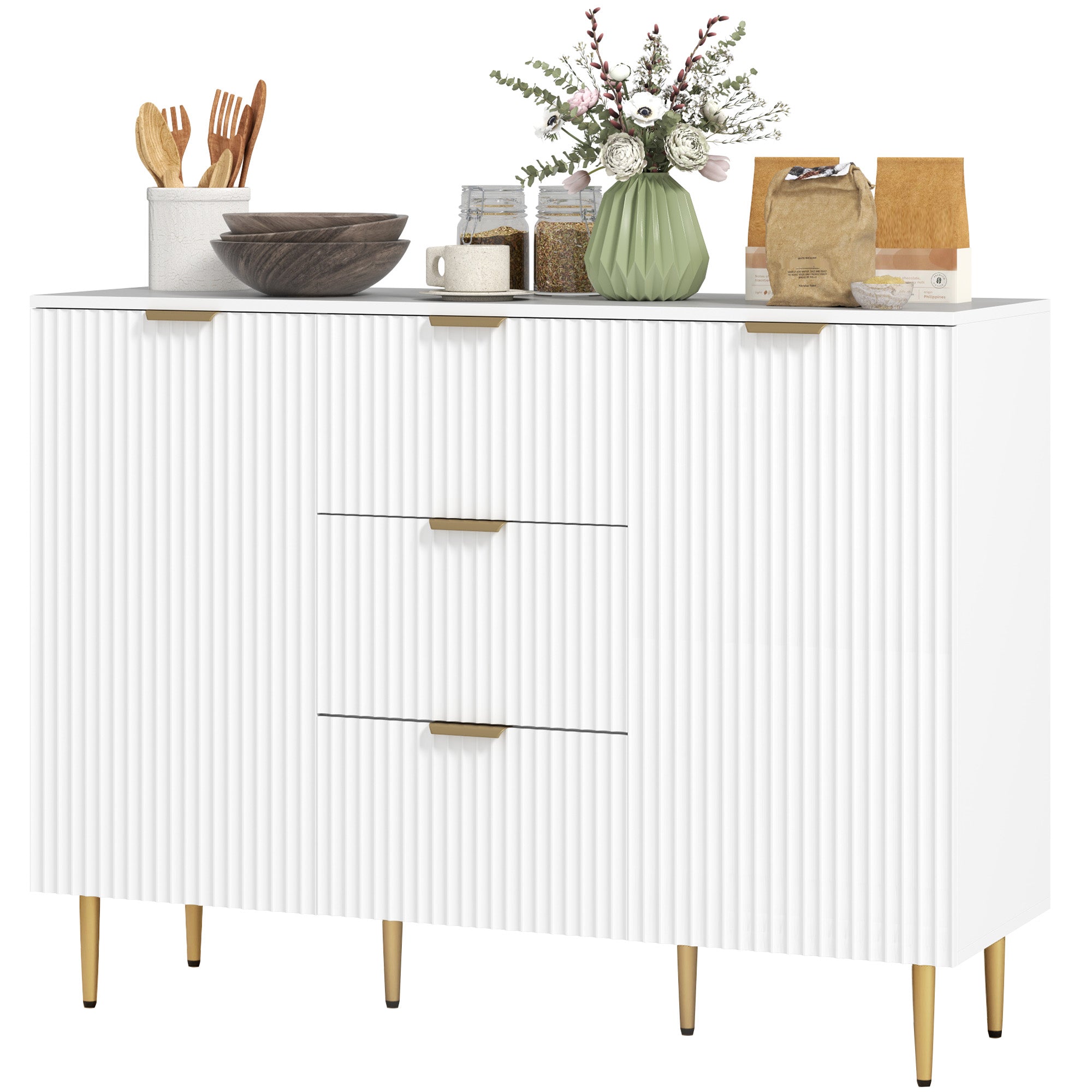 Modern Kitchen Storage Cabinet, Sideboard Buffet Cabinet w/ 3 Drawers and Adjustable Shelves for Kitchen Hallway, White