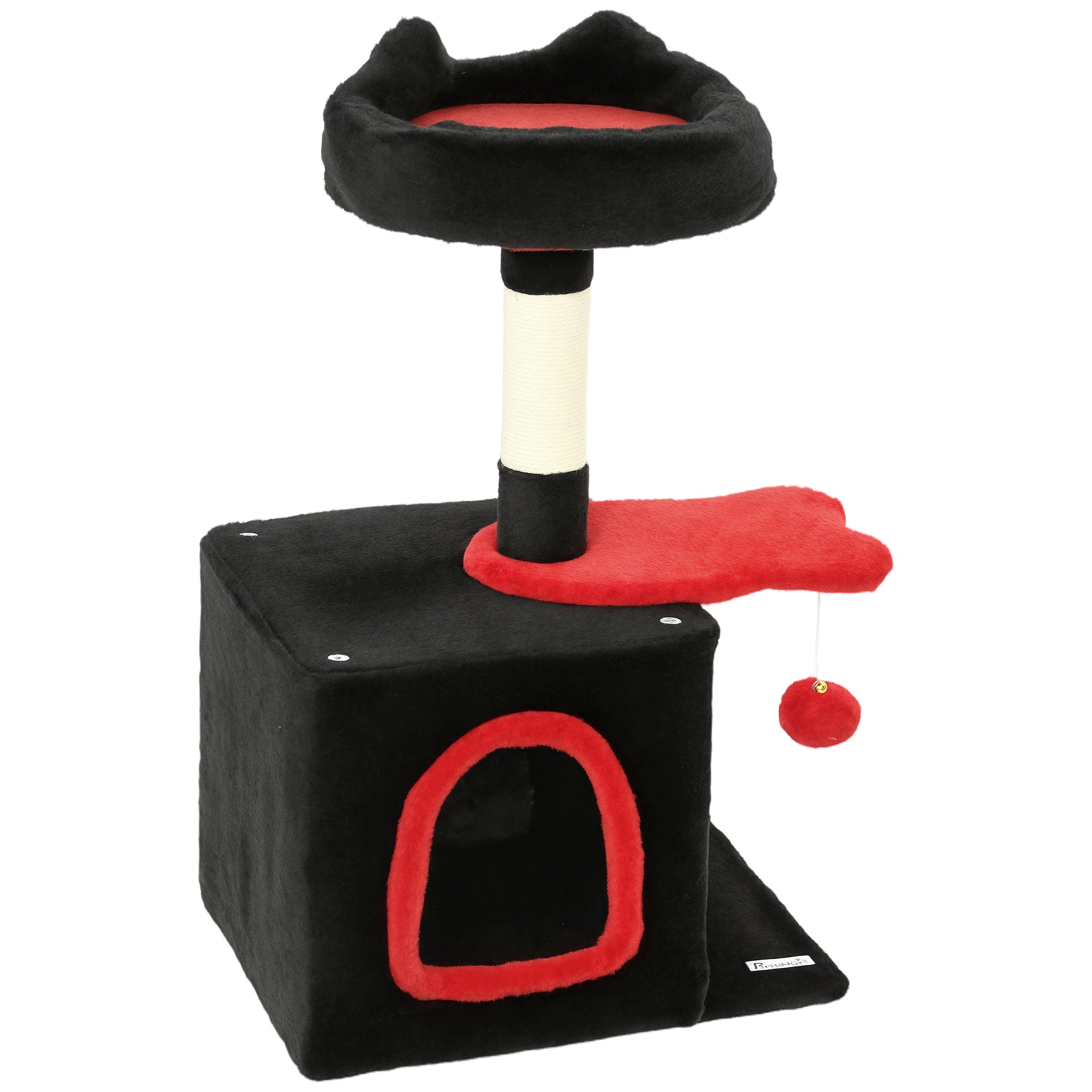 28" Gothic Cat Tree Tower with Plush Top Bed, Cozy Condo, Sisal Scratching Post, Perch, Dangling Ball, Red & Black