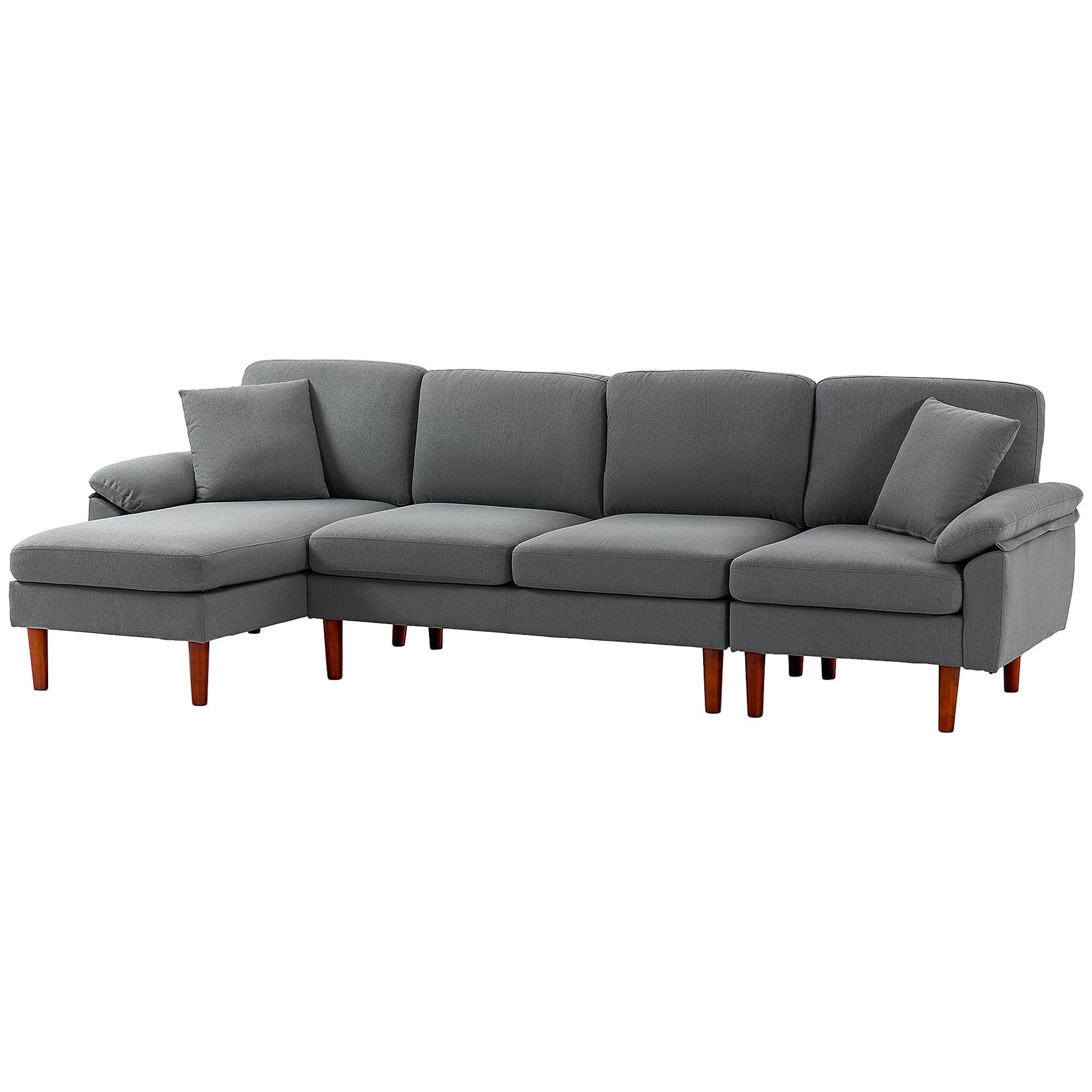 L-Shape Sofa, Modern Sectional Couch with Changeable Chaise Lounge, Pillows and Wooden Legs for Living Room, Dark Grey