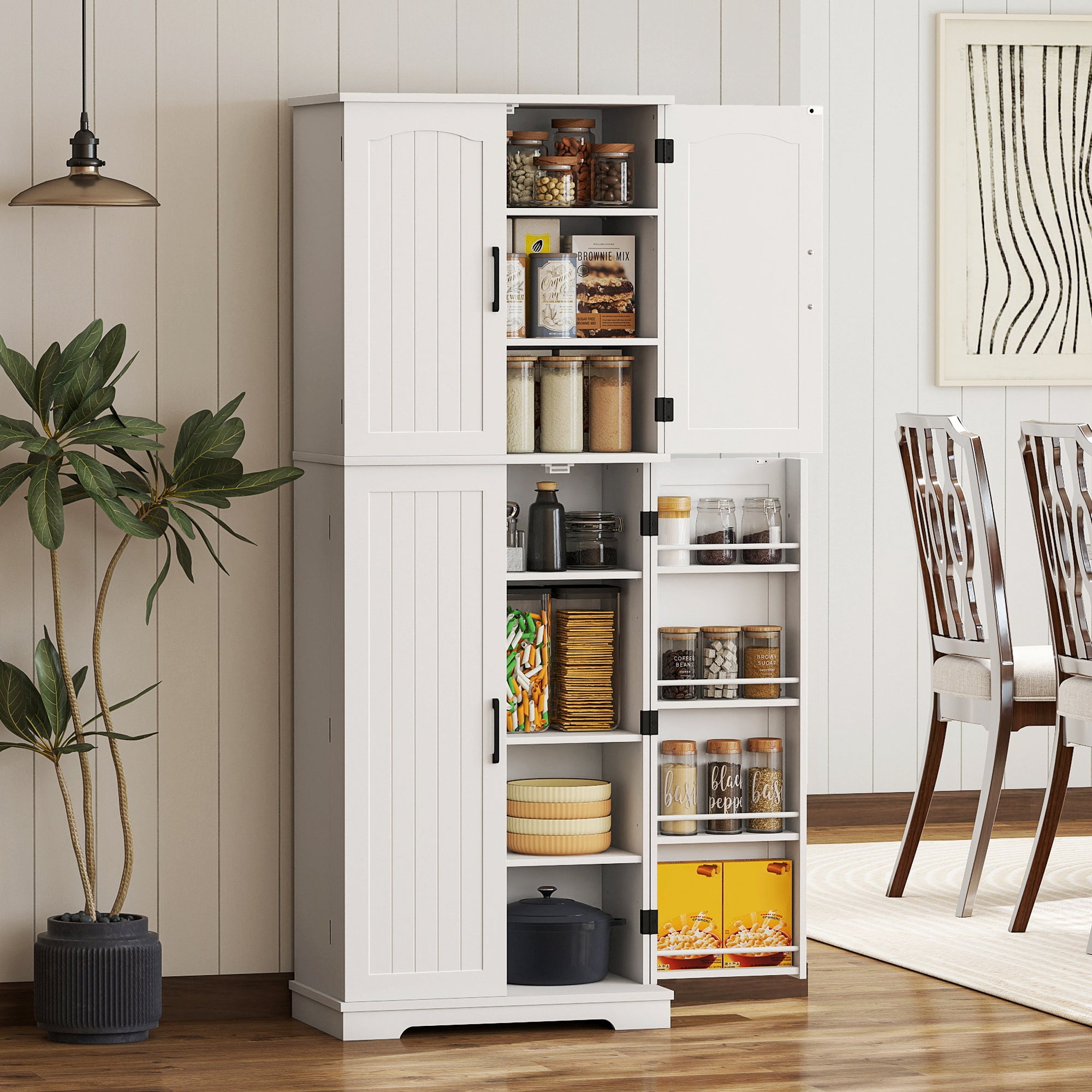 Tall Pantry Cabinet, 64" Storage Cabinet with Adjustable Shelves and 8 Door Spice Racks for Kitchen, Dining Room, White