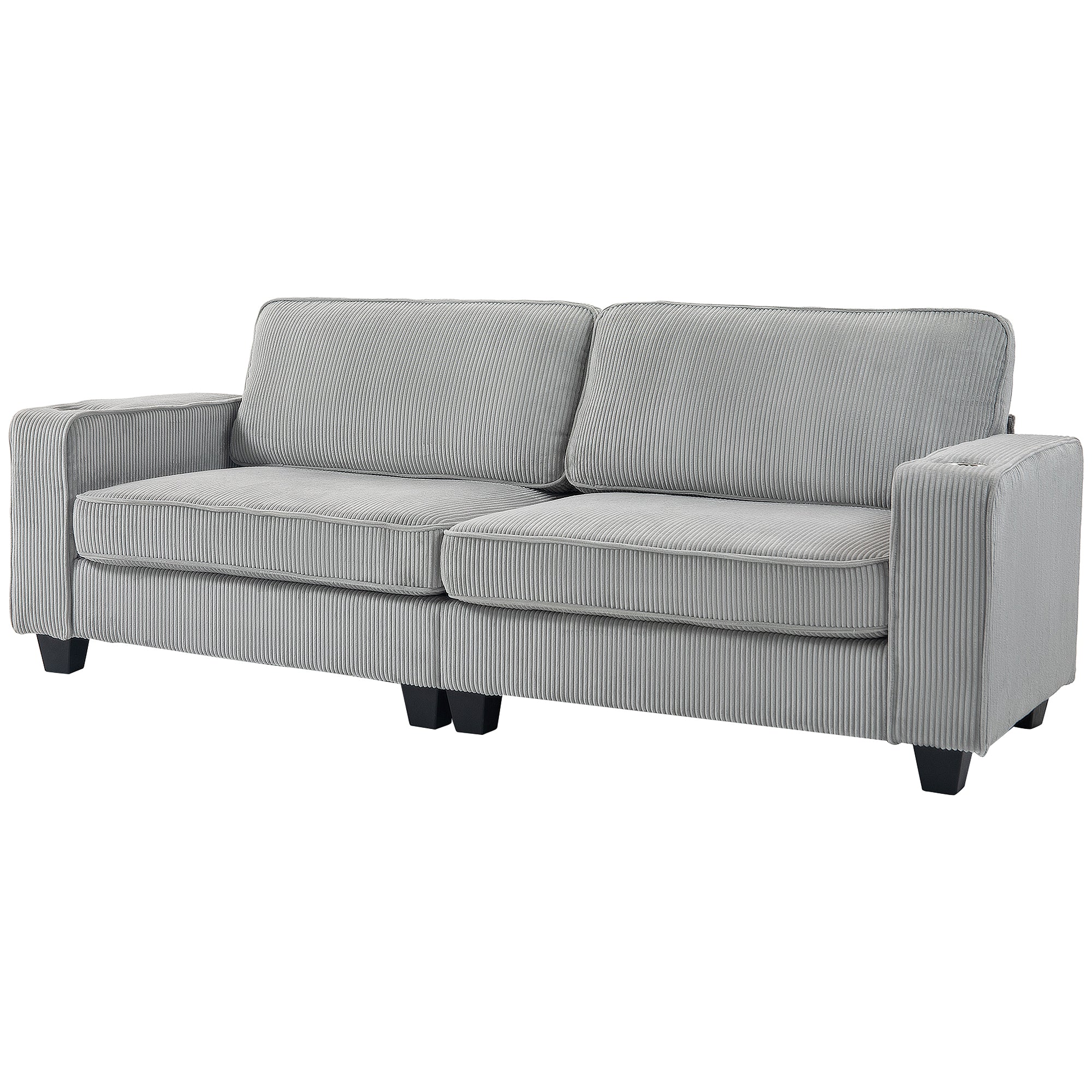 Three Seater Sofa, Fabric 3 Seater Couch with Spring Cushion and Cup Holders for Living Room, Bedroom, Light Grey