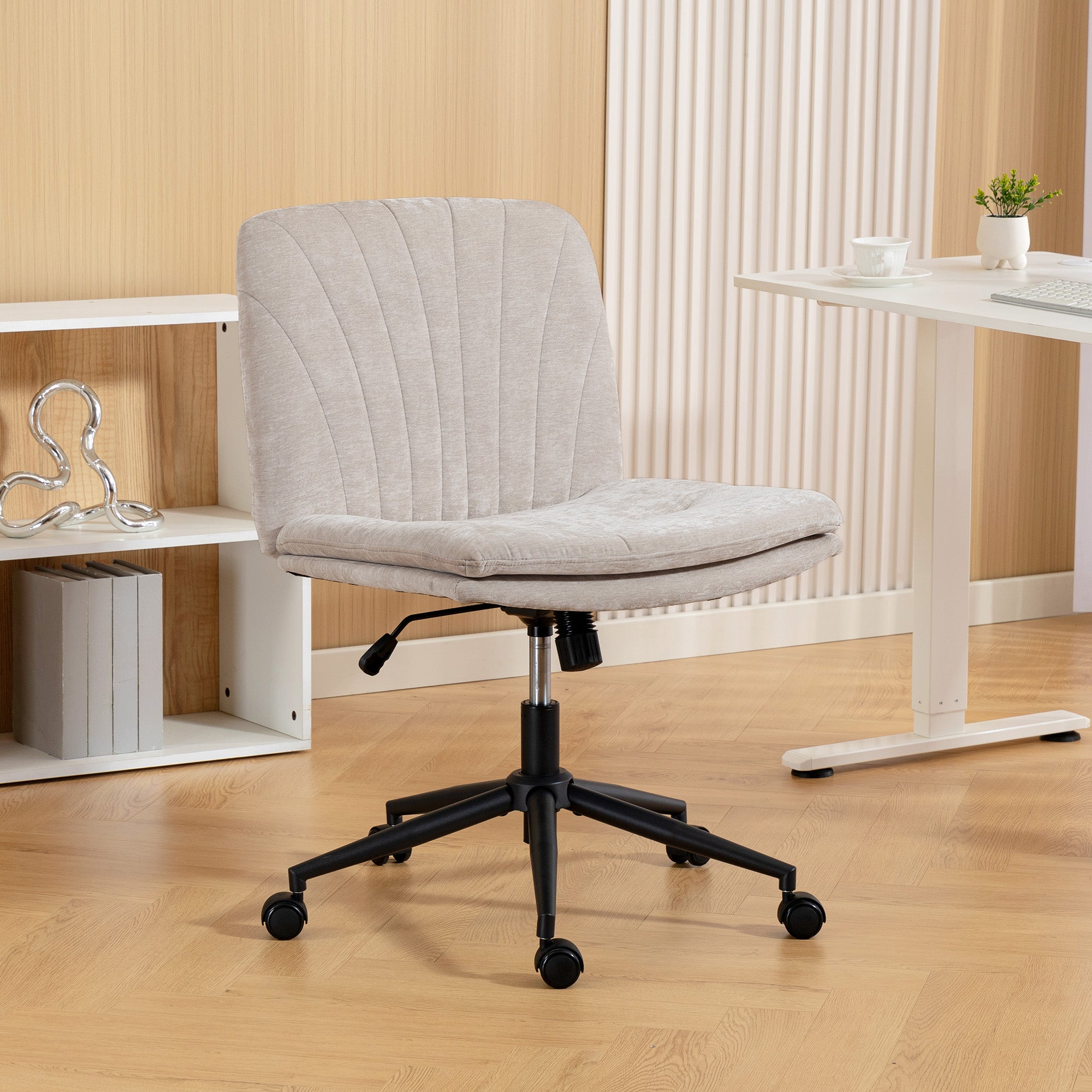 Criss Cross Chair with Wheels, Wide Office Chair with No Arms, Adjustable Height, Tilting, Beige