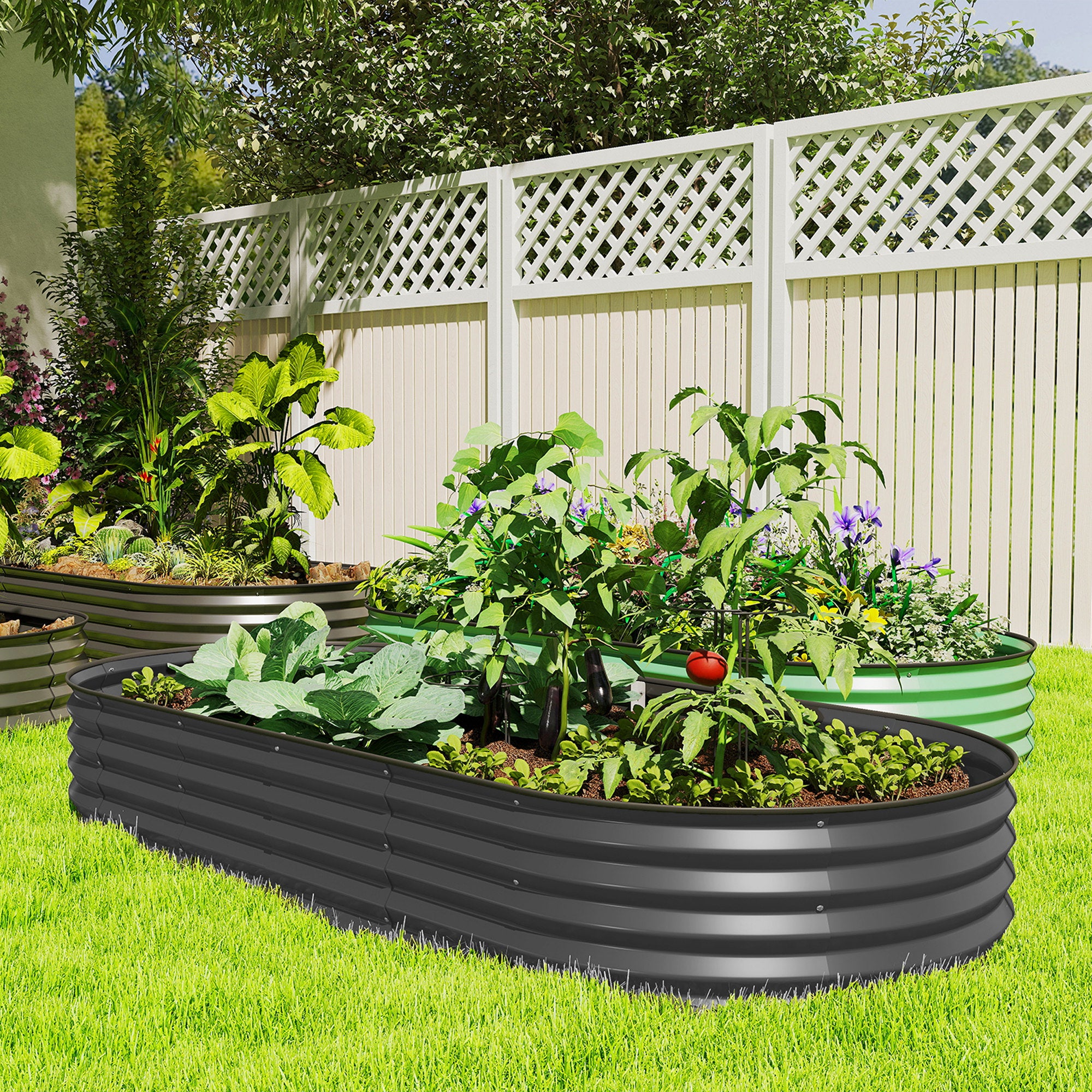 7' x 3' x 1' Large Outdoor Planter Box, Galvanized Raised Garden Bed with Metal Plant Stake, Dark Grey