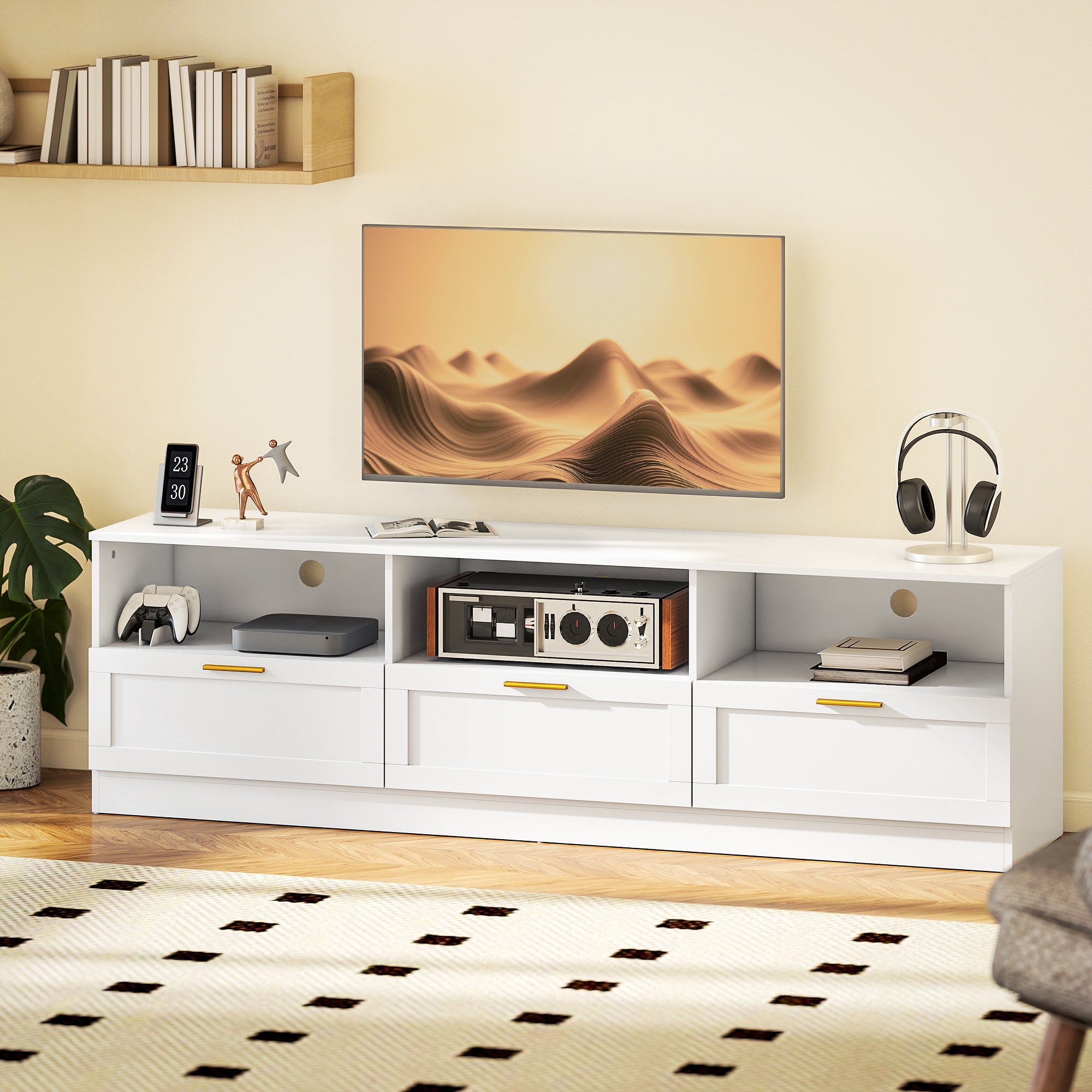 TV Stand with Storage, Modern Entertainment Center with 3 Cabinets and 3 Open Shelves, for TVs up to 85", White