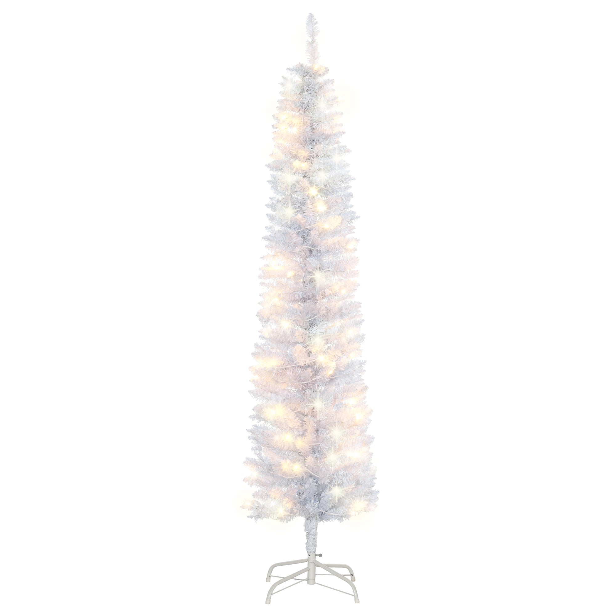 6ft Tall Prelit Pencil Artificial Christmas Tree, Holiday Décor with 395 Realistic Branches, 100 LED Lights, Foldable Metal Base, White
