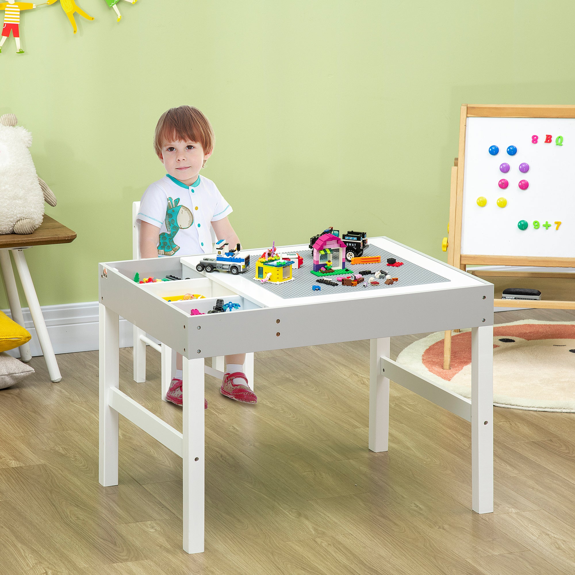 Qaba Lego Table with Storage for Kids, Multi-Usage Kids Table and Chair Set with Building Blocks Desktop, Grey