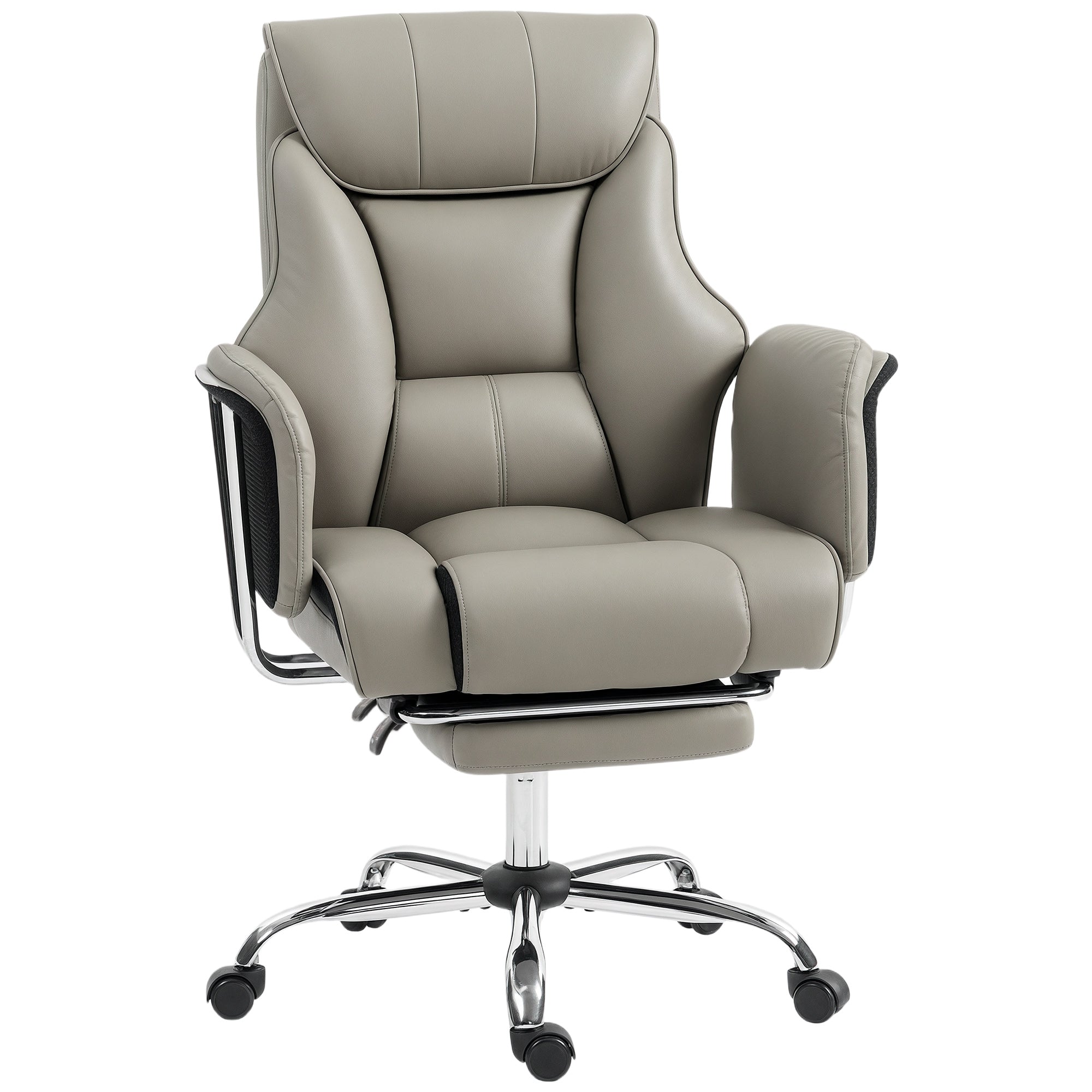 Reclining Office Chair, Overstuffed Executive Desk Chair with High Back, PU Leather, Footrest, Swivel Wheels, Grey