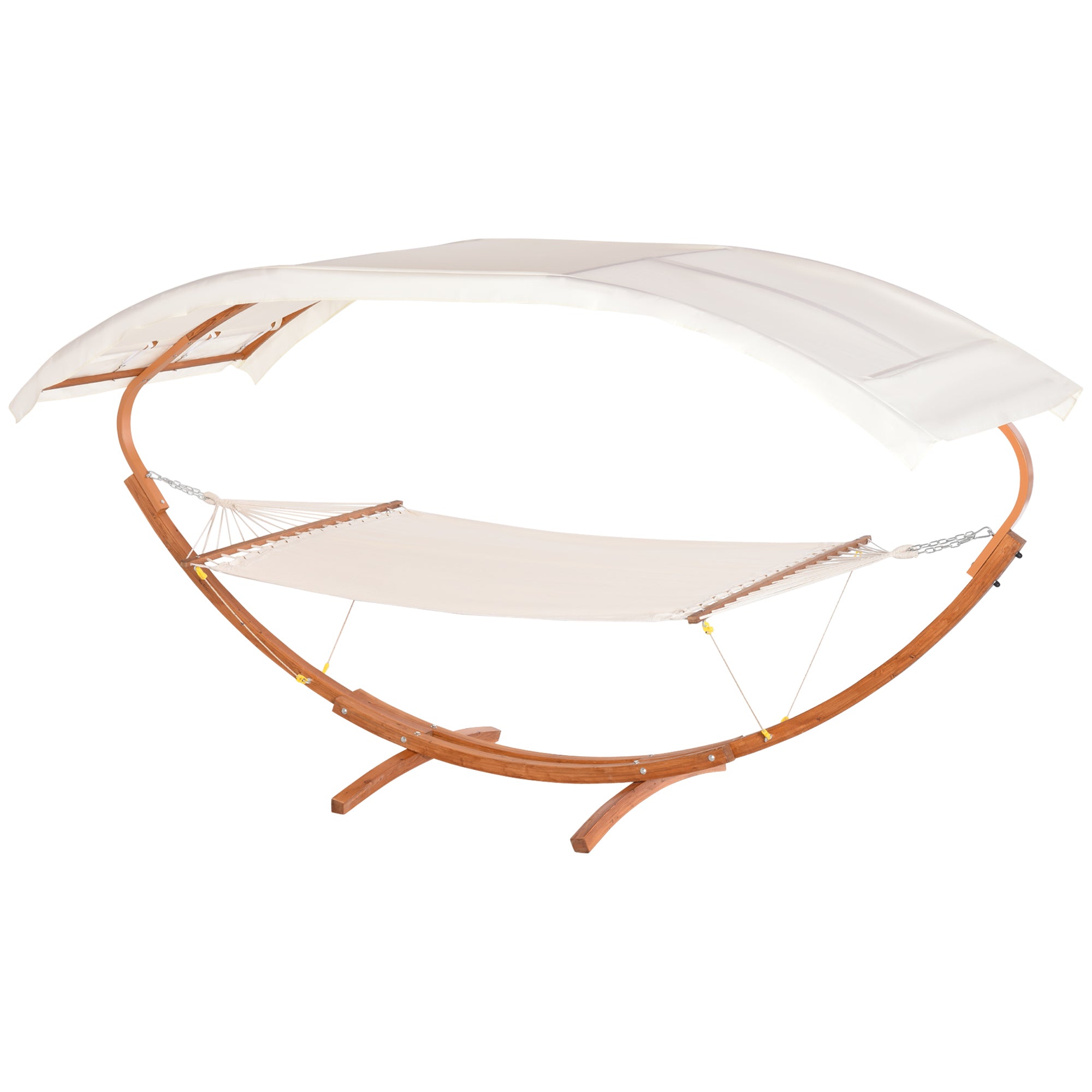 2 Person Wood Swing Arc Hammock Bed and Stand Set with Canopy, White/Teak