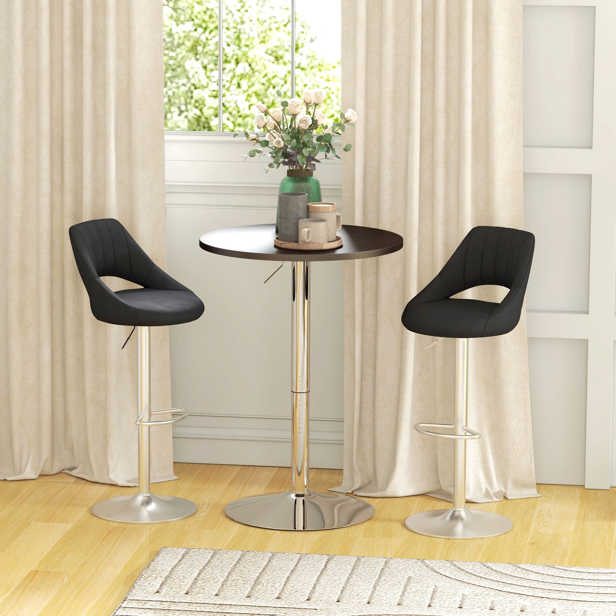 High Top Bar Table, Adjustable Round Kitchen Table with Swivel Top and Steel Base, Bistro Table for 2 People, Walnut