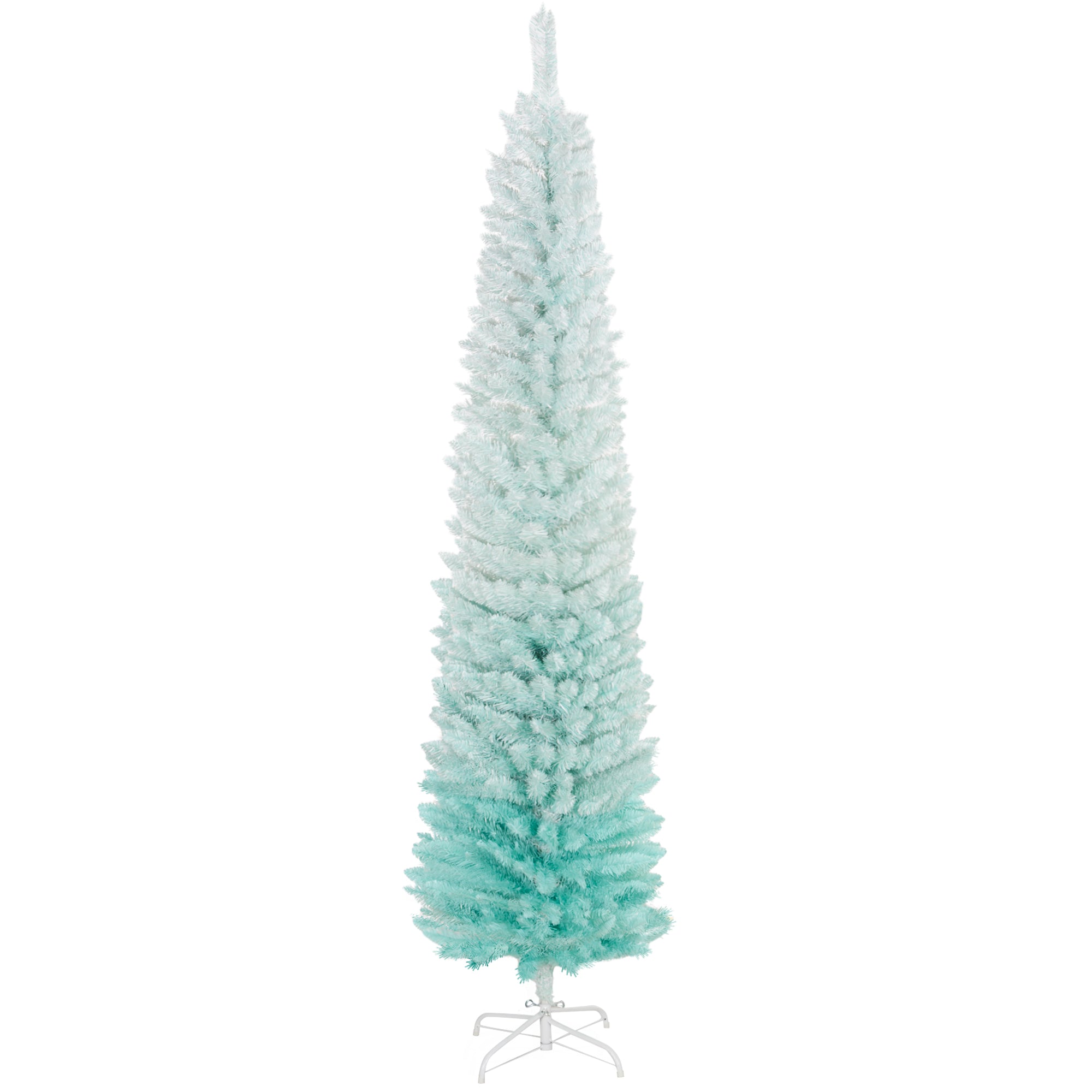 7' PVC Slim Pencil Artificial Christmas Tree Xmas Tree with 500 Realistic Branch Tips, Metal Stand, Gradient Blue