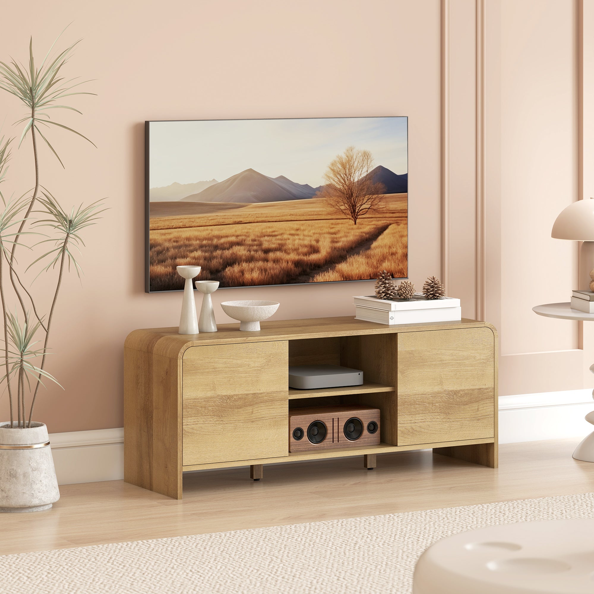 TV Stand for up to 55 Inch TV, Nordic Entertainment Center with 2 Cabinets and 2 Open Shelves for Living Room, Natural Wood