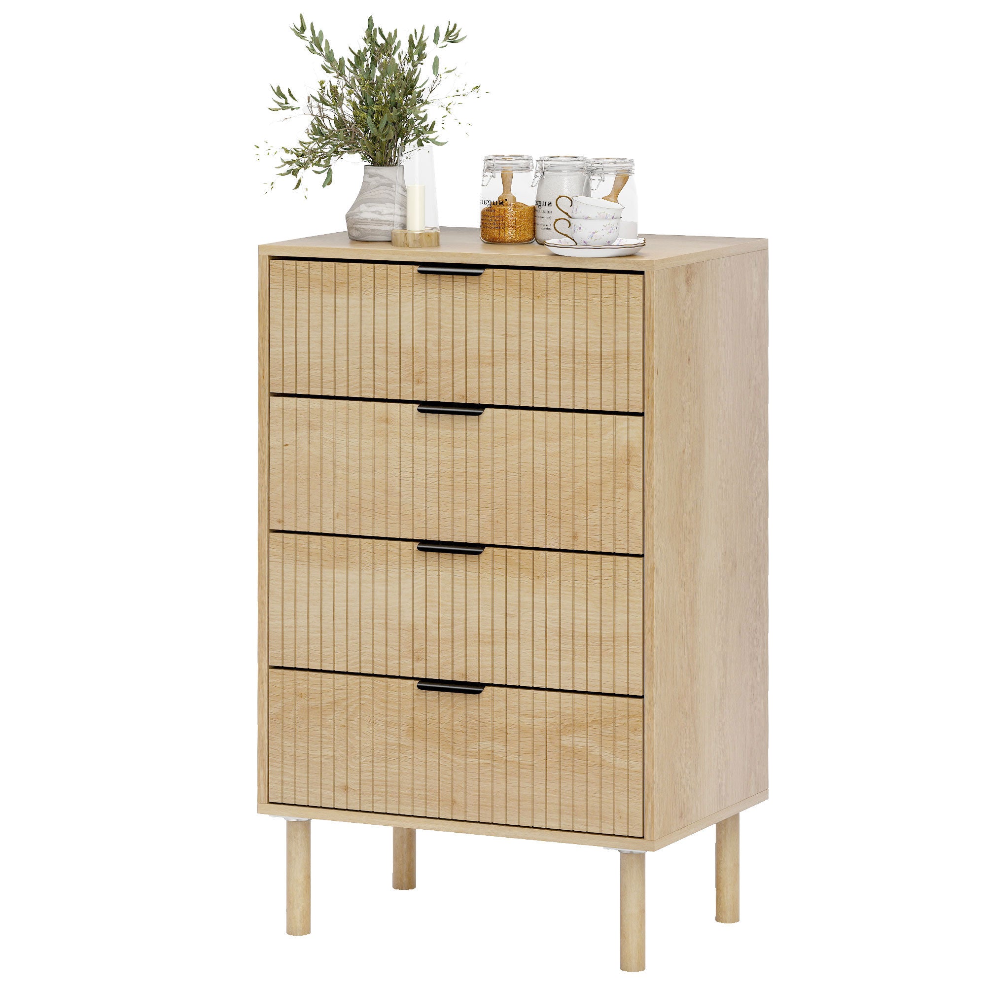 Bedroom Chest of Drawers, 4 Drawer Dresser with Fluted Panels and Solid Wood Legs, Storage Cabinet for Living Room, Oak