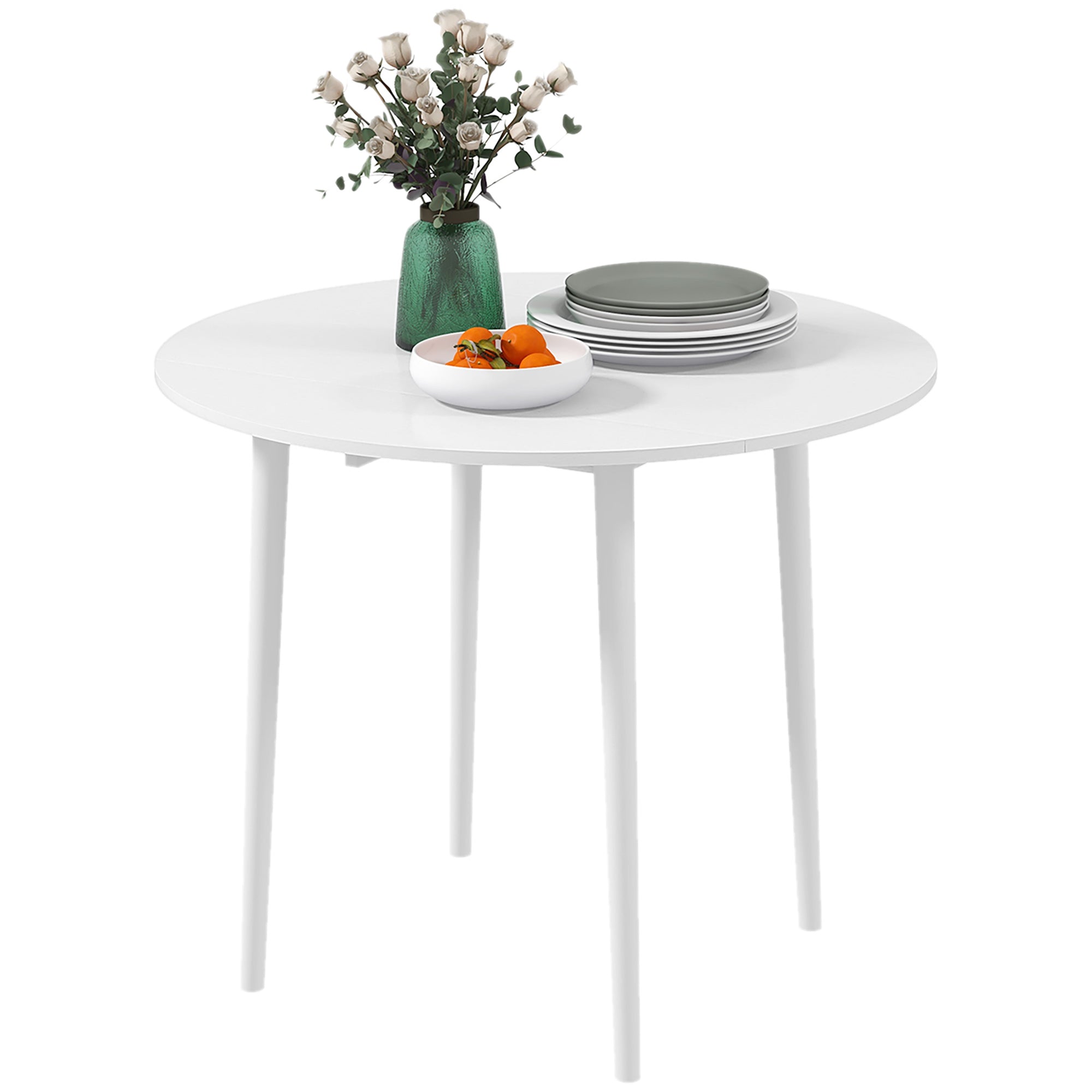 Folding Dining Table, Round Drop Leaf Kitchen Table for Small Spaces with Wood Legs, Distressed White
