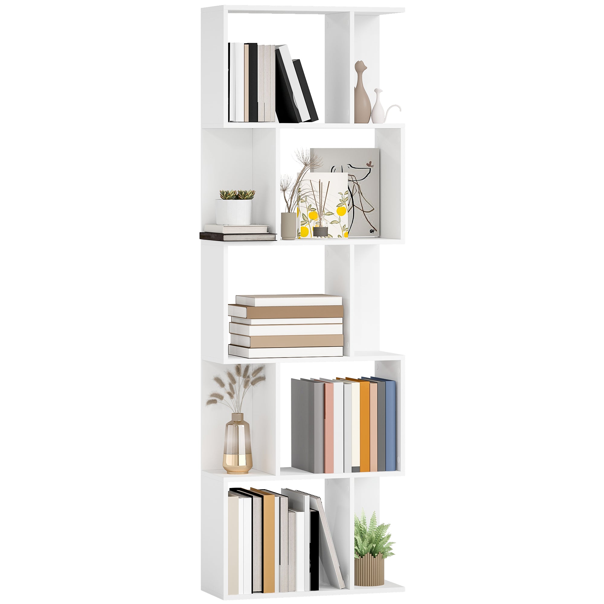 5-Tier Geometric Bookshelf, S Shaped Bookcase, Modern Freestanding Display Shelf Unit for Home Office, White
