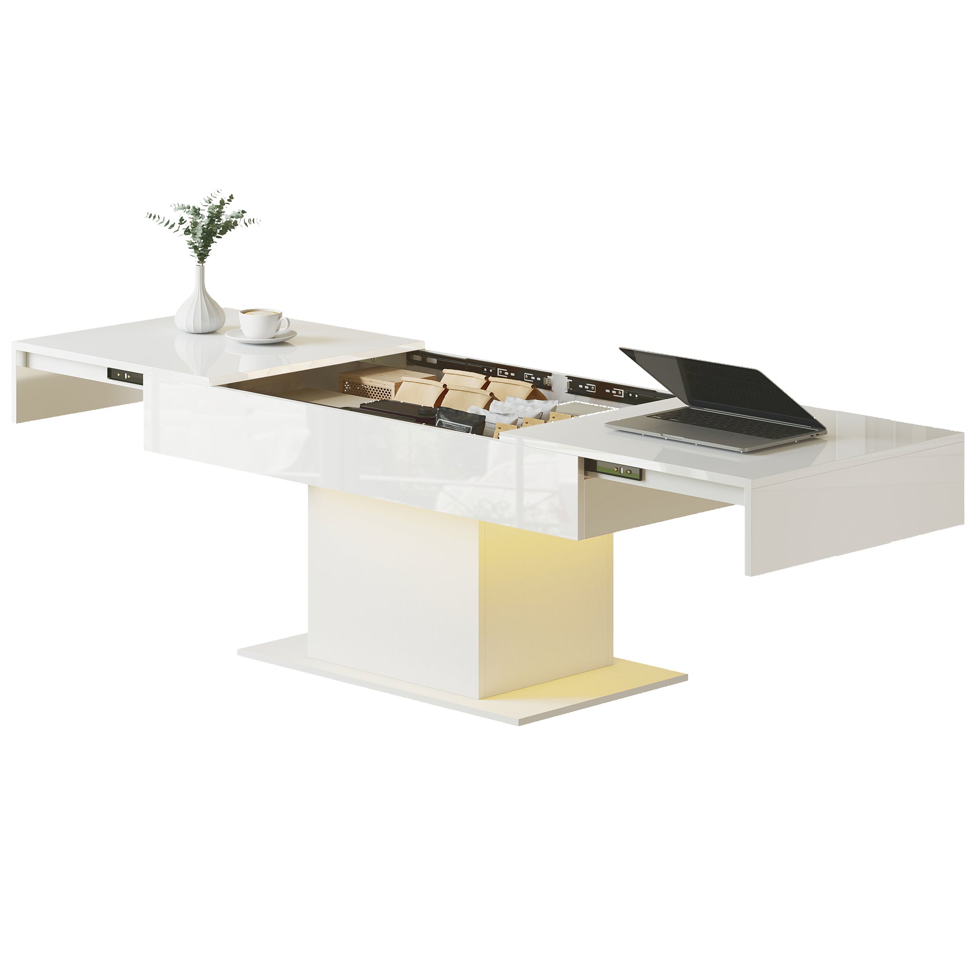 Extendable Coffee Table with LED Lights, Modern High Gloss Center Table with Hidden Storage for Living Room, White