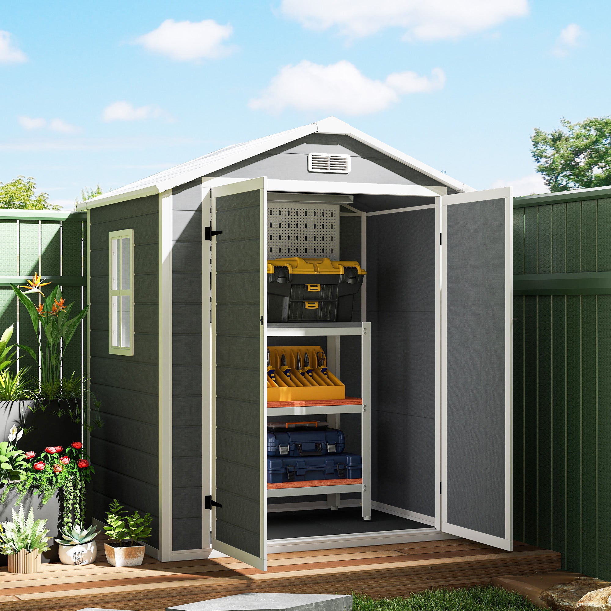 6x4.5FT Plastic Shed, Lockable Garden Tool Storage House with Double Doors and Vent, Grey