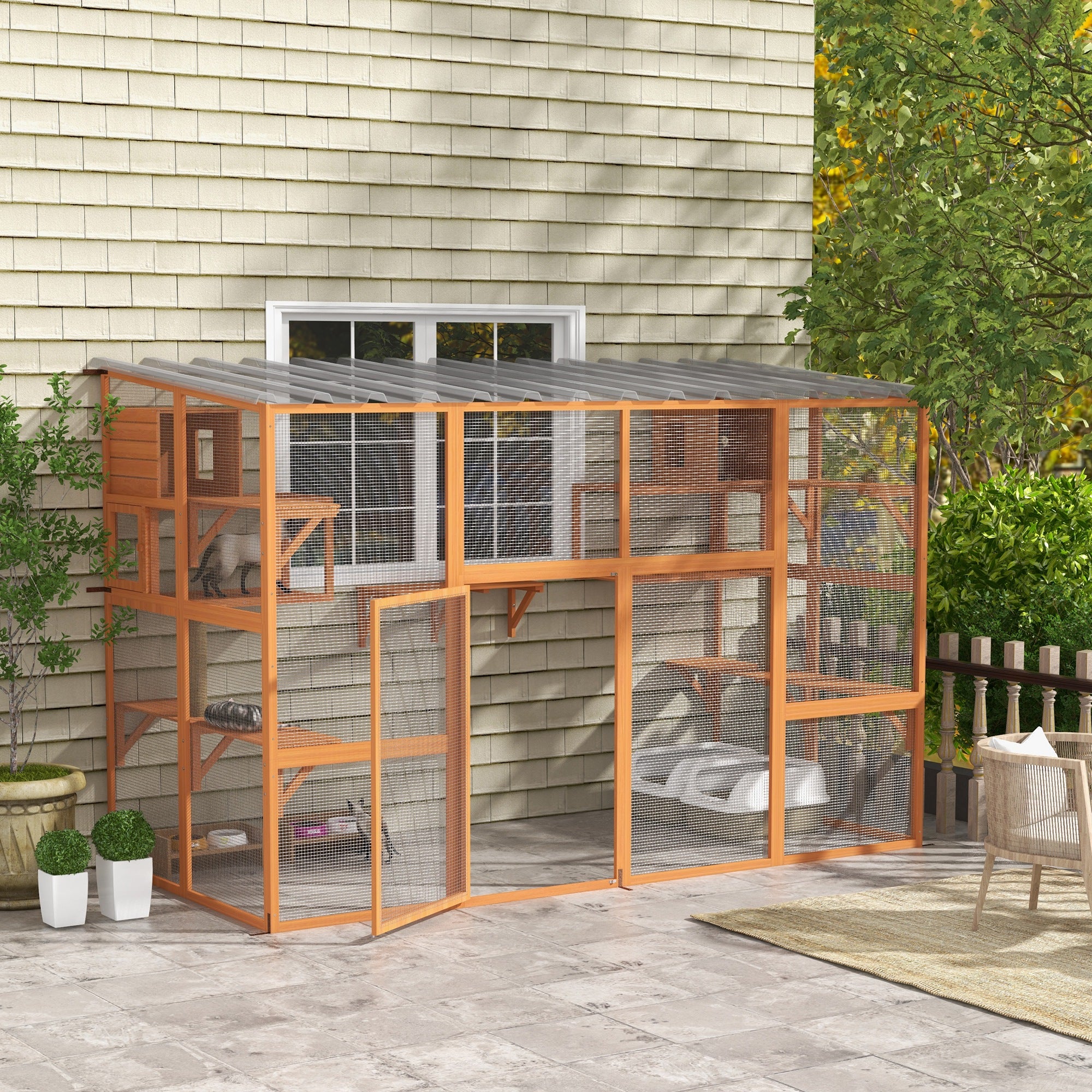 Cat Catio, Large Outdoor Cat Enclosure with 2 Condos, Jumping Platforms, Waterproof Roof, Orange