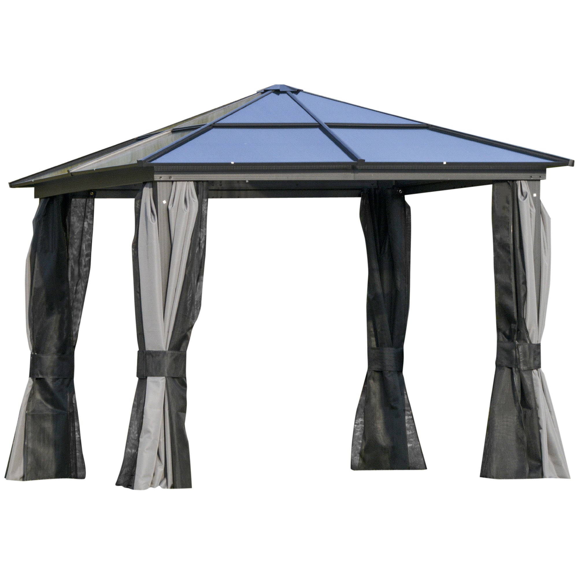 10x10ft Hardtop Gazebo with Aluminum Frame, Polycarbonate Gazebo Canopy with Curtains and Netting