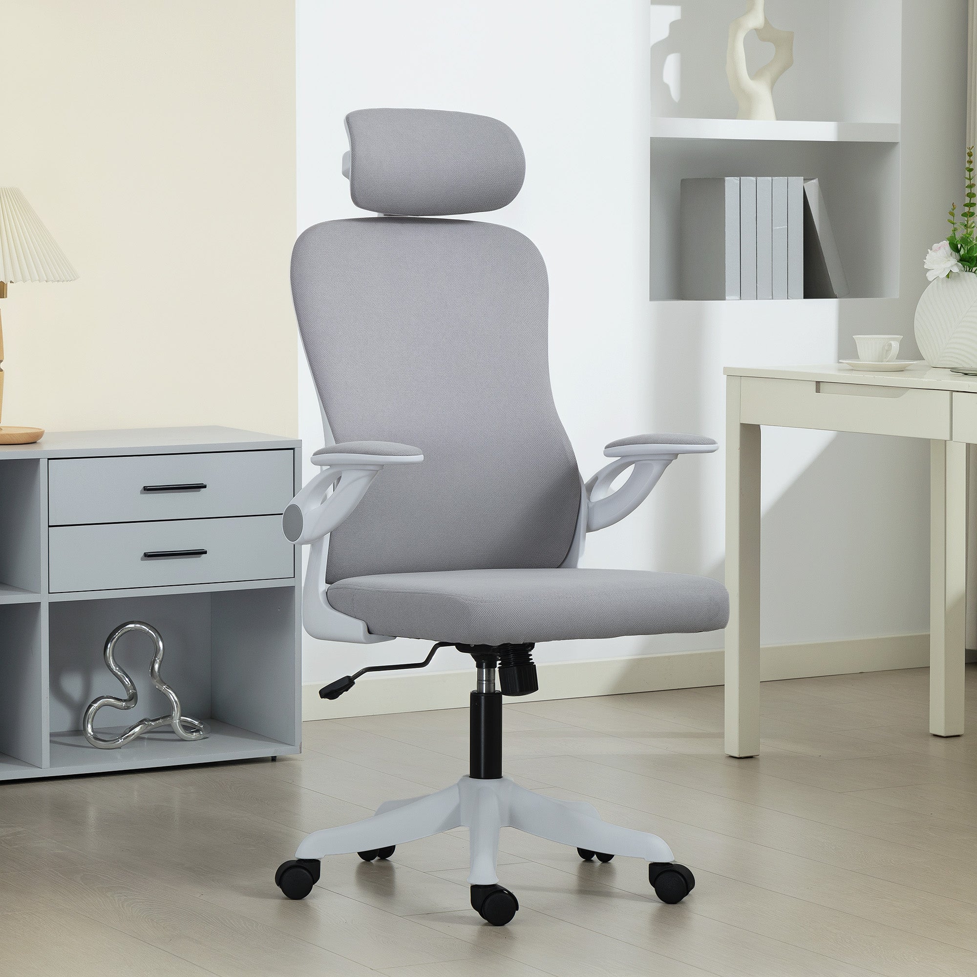 Ergonomic Office Chair, Swivel Desk Chair with Adjustable Lumbar Support, Headrest and Height, Flip-up Armrests, Grey
