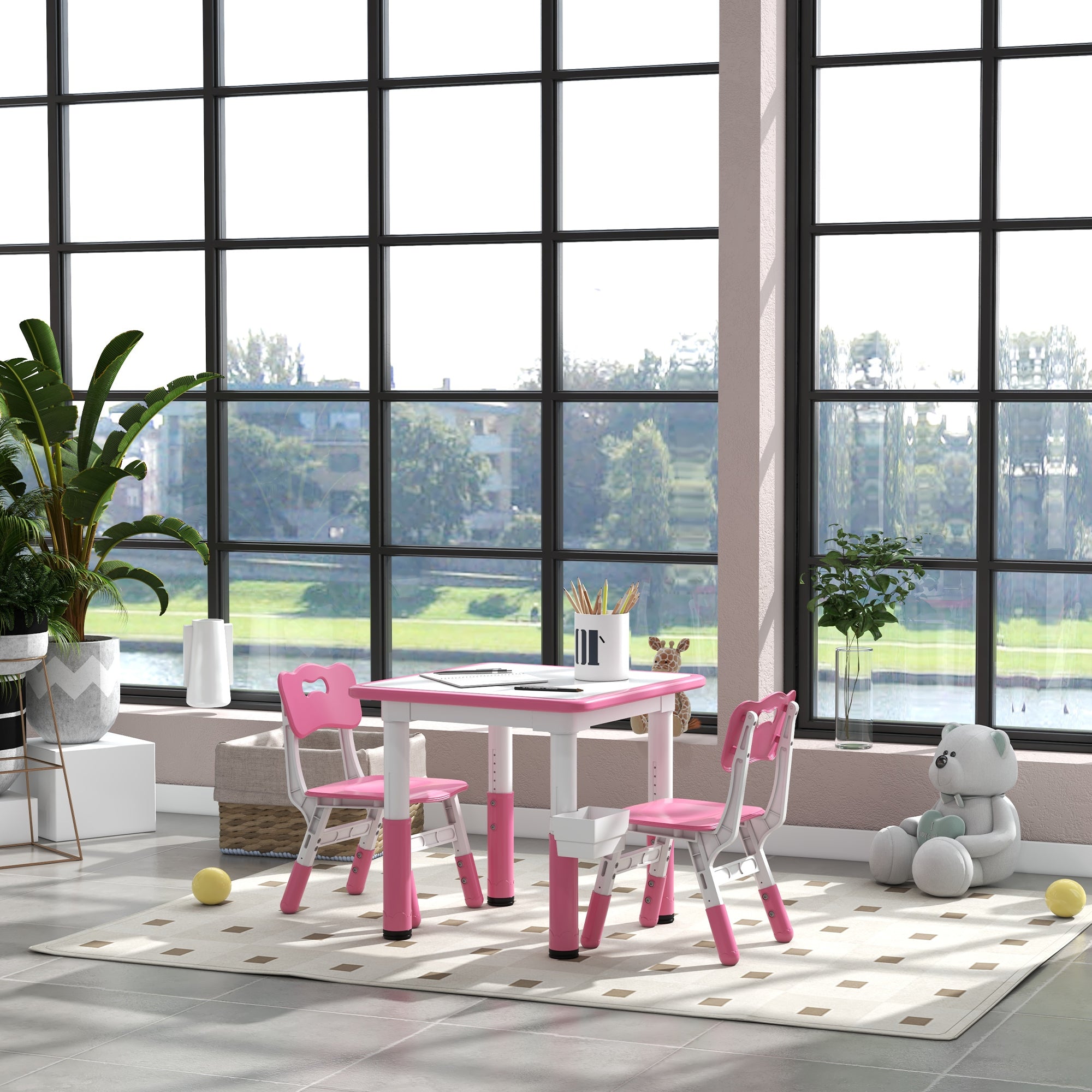 Qaba 3 Pieces Toddler Table and Chair Set, Height Adjustable Kids Table and Chair Set w/ Storage, for Playroom Pink