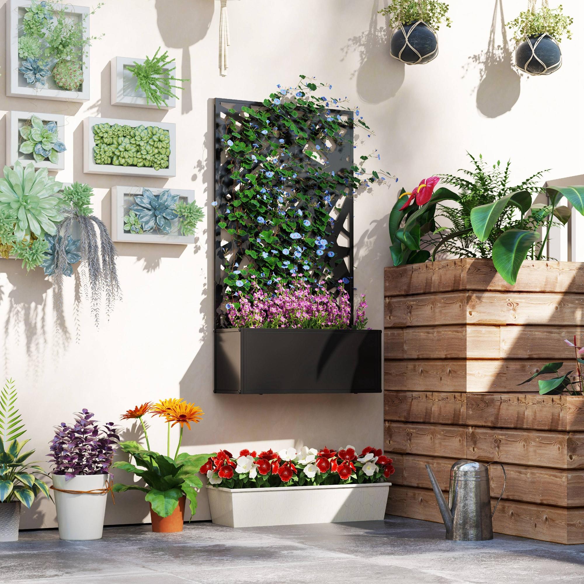 Raised Garden Bed with Trellis, Freestanding/Wall Mounted Metal Garden Box with Privacy Panel, Irregular Line Cut-Outs