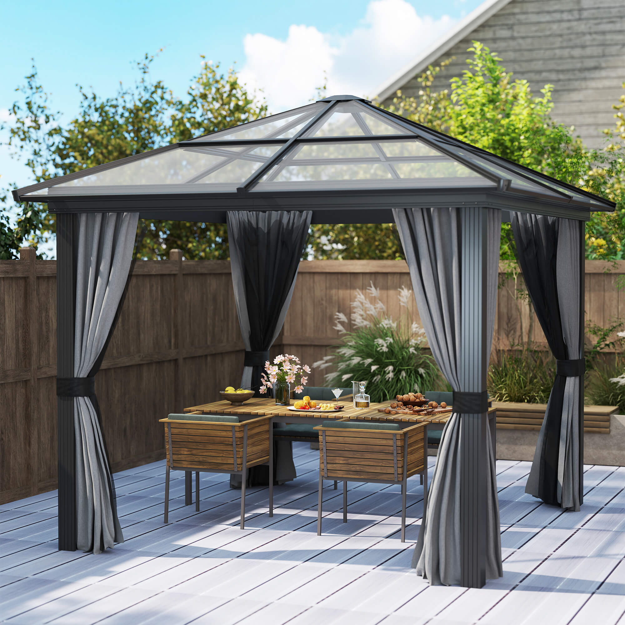 10x10ft Hardtop Gazebo with Aluminum Frame, Polycarbonate Gazebo Canopy with Curtains and Netting