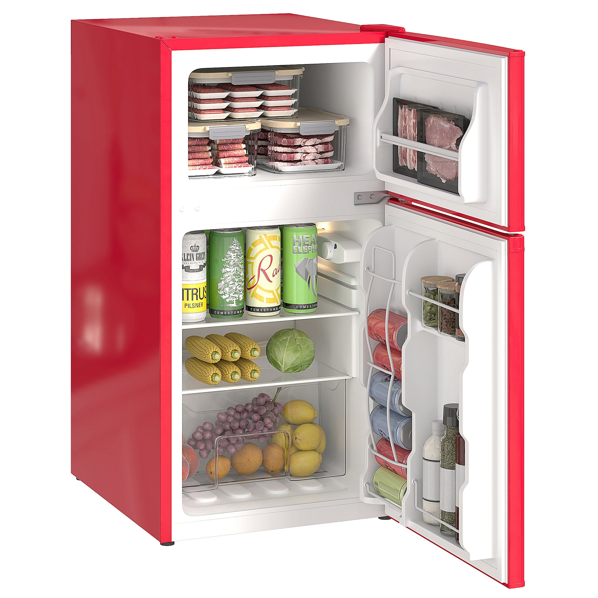 3.2 Cu Ft Compact Refrigerator, Mini Fridge with Freezer, Adjustable Shelves and Reversible Doors for Bedroom, Red