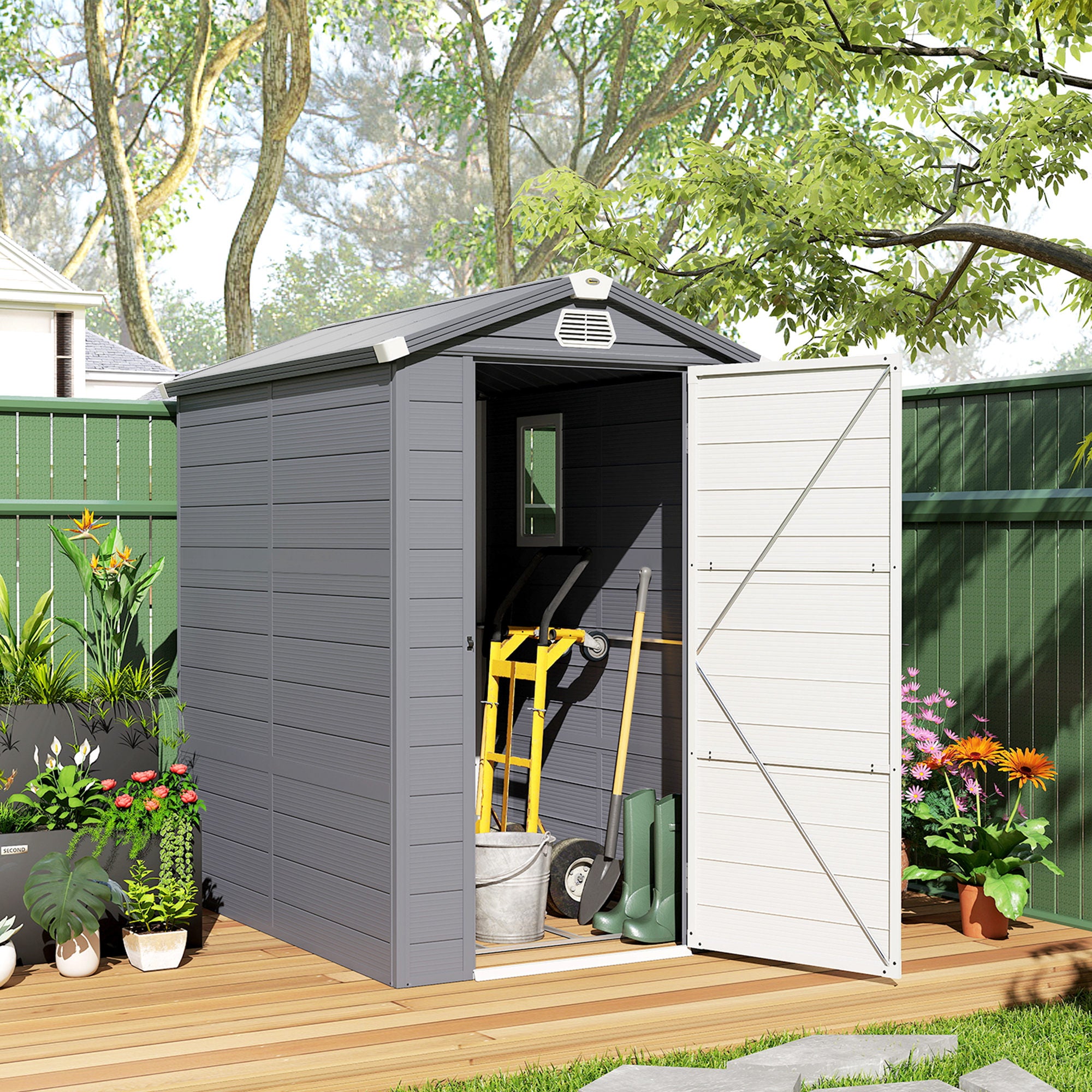 4.5' x 6' Plastic Garden Storage Shed with Latch Door, Vents, Sloped Roof, Dark Grey